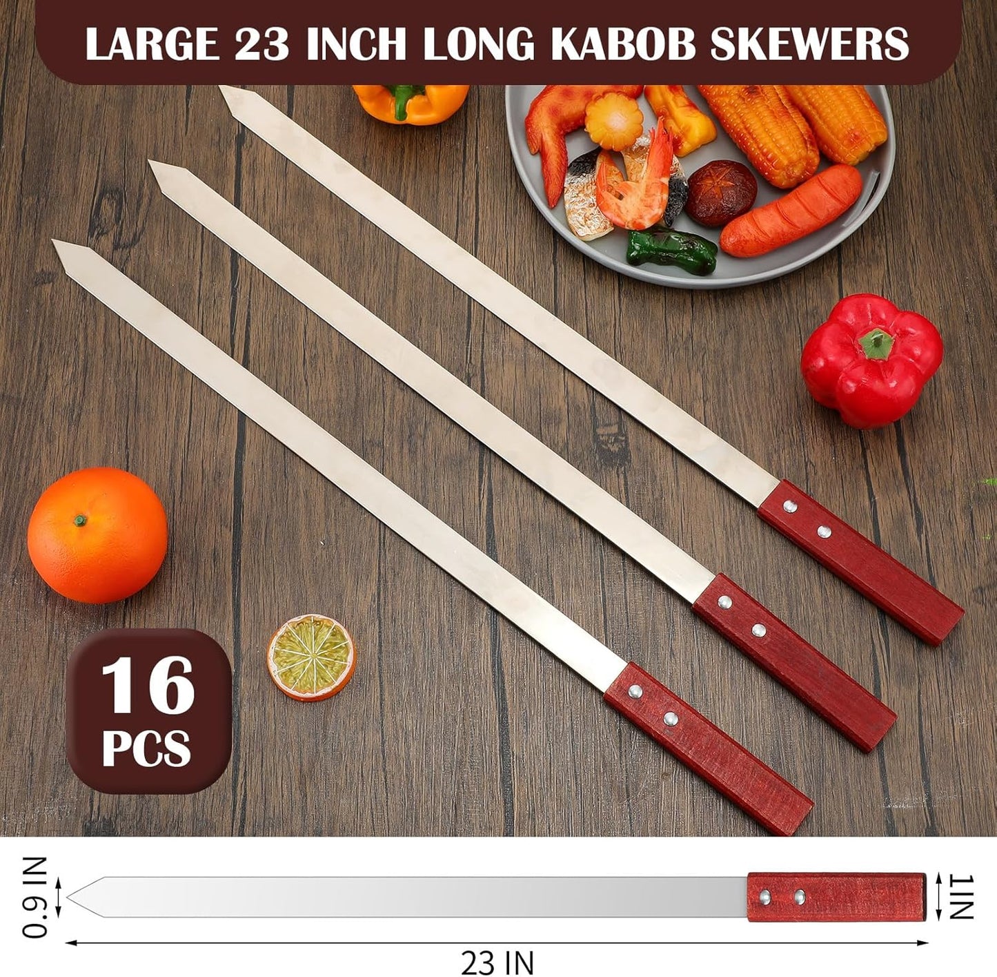 Zhehao 16 Pcs Heavy Duty Kabob Skewers 1 Inch Wide 2 mm Thin Kabob BBQ Stainless Steel Metal Skewers for Grilling with Wooden Handles, Silver(23 Inch Long)