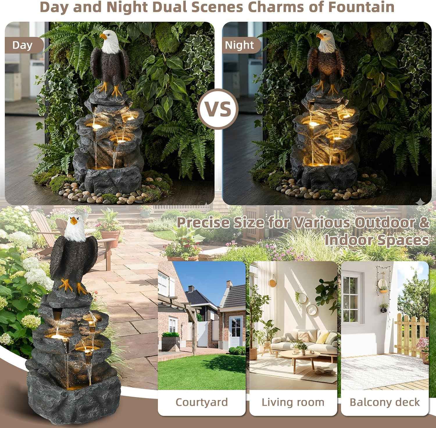 5 Tier Garden Fountain with Bald Eagle Statue, Outdoor Resin Water Feature with 4 LED Lights & Pump, Rock Cascading Waterfall Fountain for Patio Yard Porch Balcony and Home Art Decor