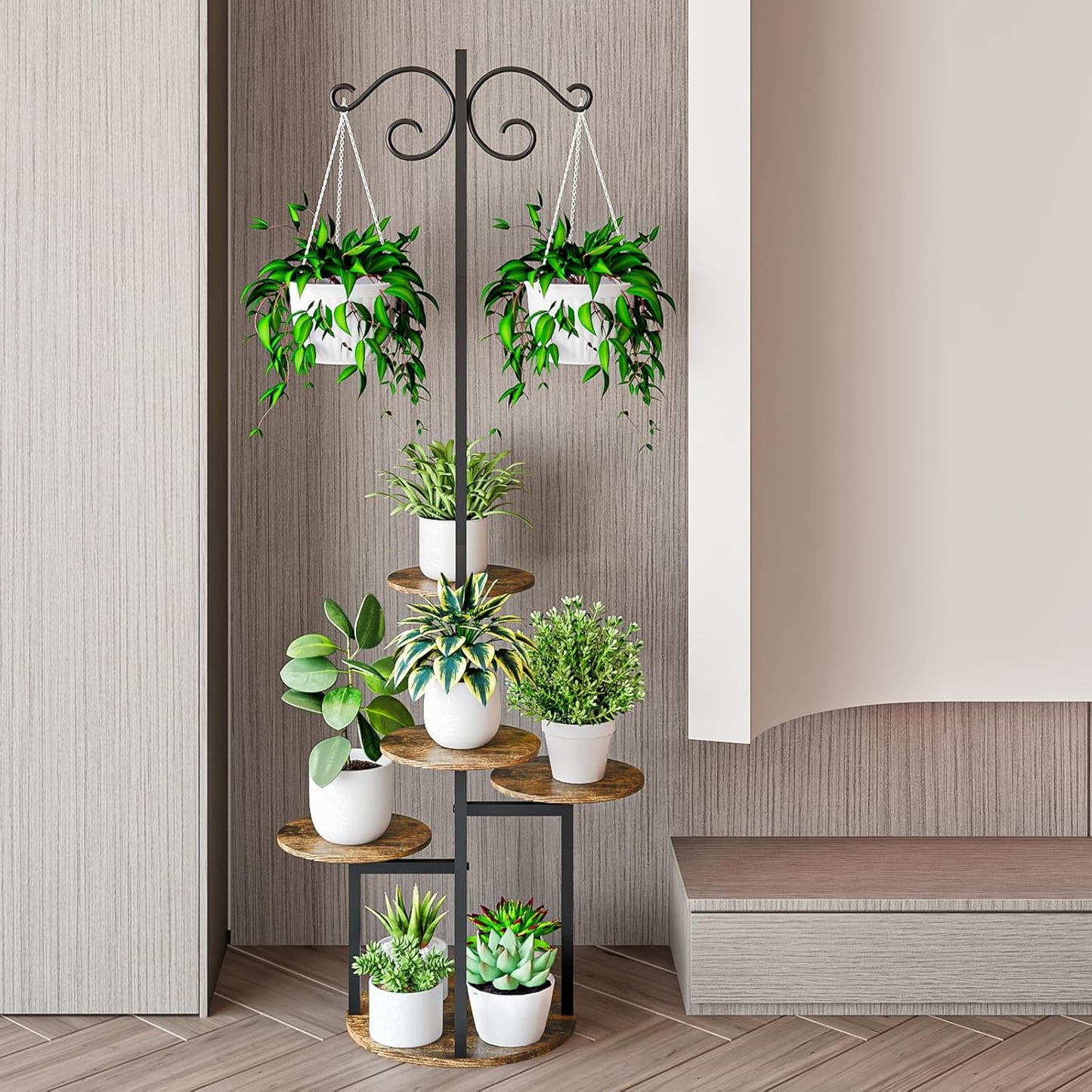 Plant Stand Indoor 5 Tier 8 Potted with hook hanging basket Multiple Flower Pot Holder for Patio Garden Balcony Living Room Corner (5 Tier with hook Black+Rustic Brown)