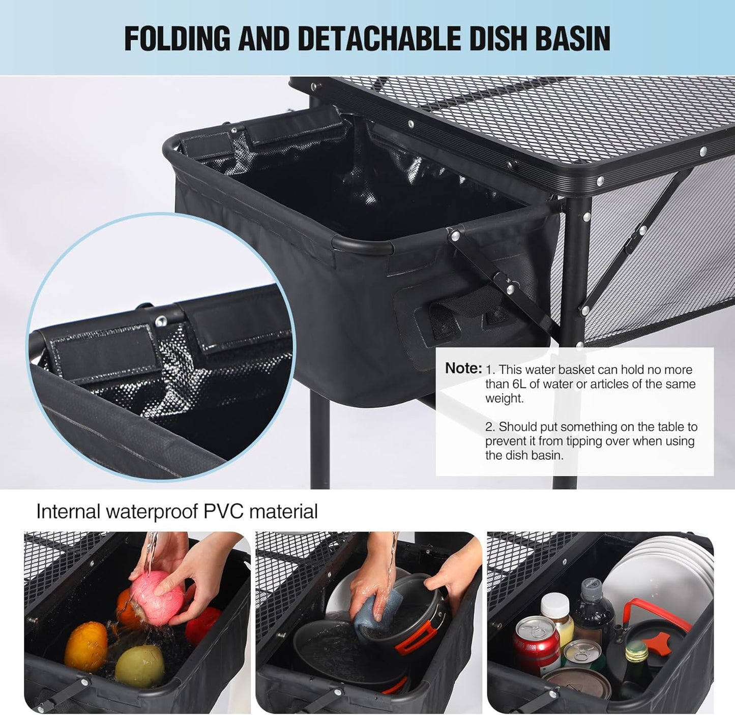 RedSwing Portable Grill Table with Sink for Outside, Aluminum Frame Folding Grill Stand Table for Outdoor Camping Picnic BBQ, Lightweight Adjustable Height, 36 x 20 x 31 Inches, Black