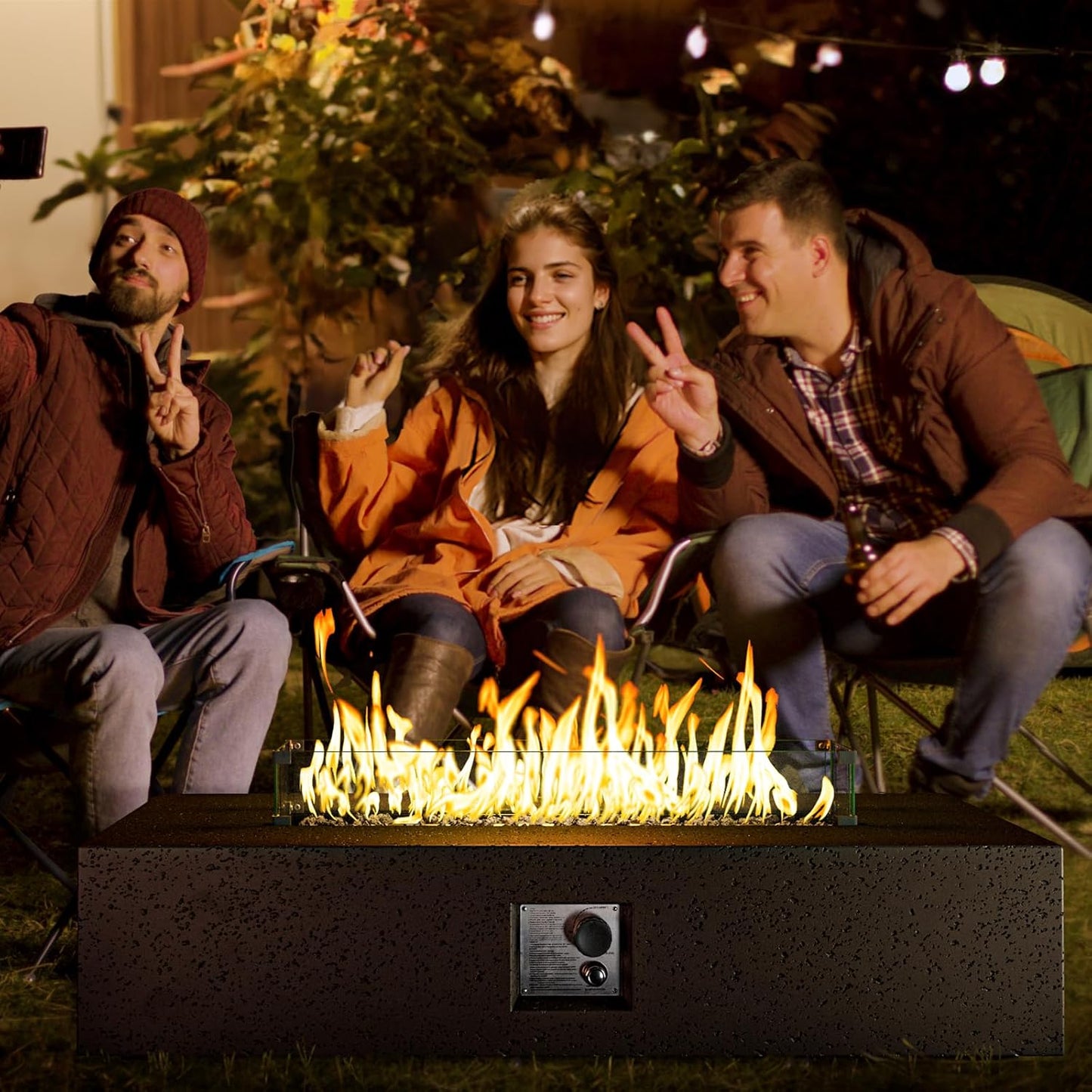 COSIEST 56 x 28 inch Outdoor Propane Fire Pit Coffee Table w Concrete Rectangle Base, CSA Certified, 50,000 BTU, Free Lava Rocks and RainCover, Fits 20lb Tank Outside, Wind Guard, Tank Cover, Brown