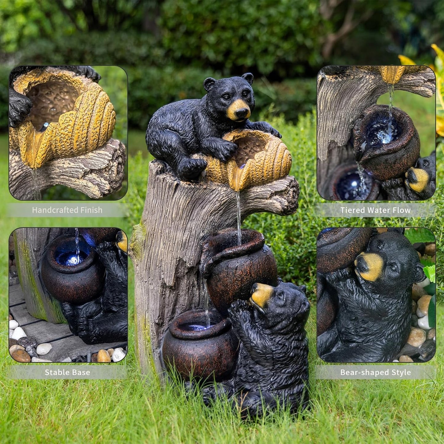 23.62" H Bear Outdoor Garden Water Fountain with LED Lights, 3-Tier Cascading Waterfall Freestanding Decor Water Feature for Patio, Yard, Balcony, Garden Decor, Weather-Resistant Resin, Brown Grey