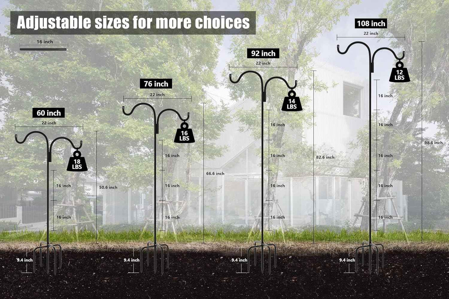 Gtongoko Double Shepherds Hook for Outdoor, 92 Inch Bird Feeder Pole with 5 Prongs Base, 5/8 Inch Thick Heavy Duty Adjustable Garden Hook for Hanging Plant, Lantern, Hummingbird Feeder, 1 Pack