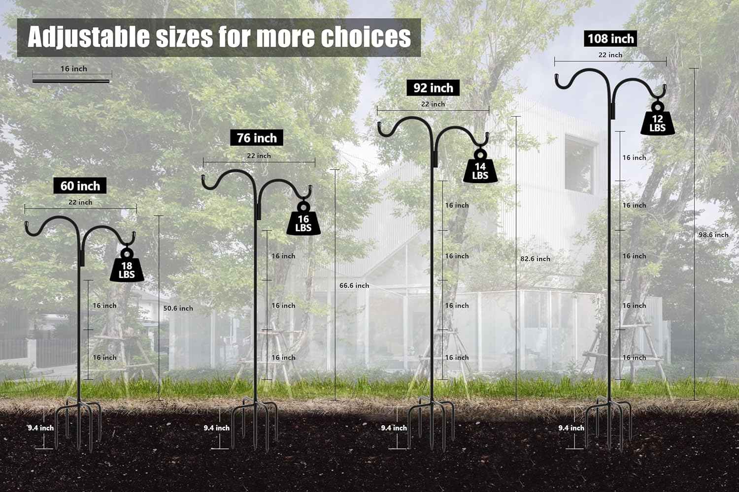 Gtongoko Double Shepherds Hook for Outdoor, 92 Inch Bird Feeder Pole with 5 Prongs Base, 5/8 Inch Thick Heavy Duty Adjustable Garden Hook for Hanging Plant, Lantern, Hummingbird Feeder, 1 Pack