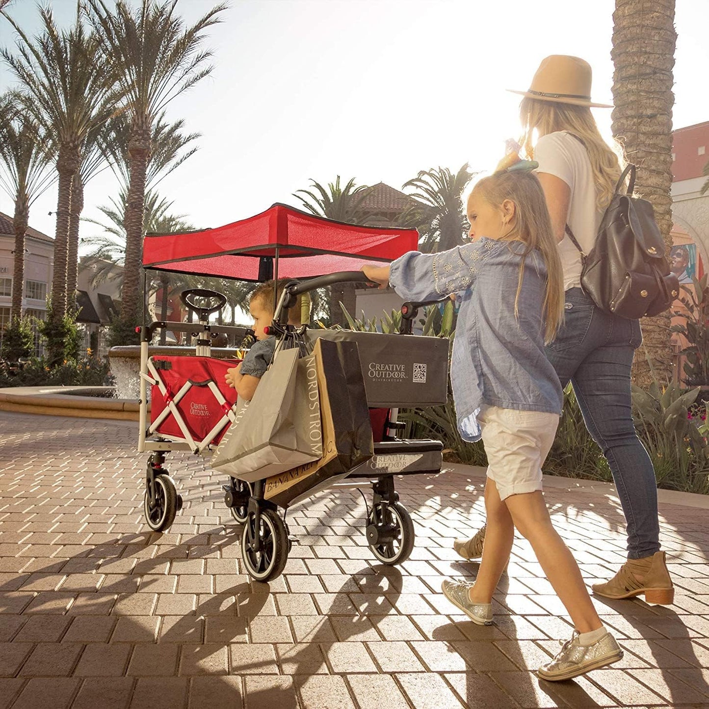 Creative Outdoor Push Pull Collapsible Stroller Wagon for Kids with Canopy,150lbs Weight Capacity, Folding Cart, Titanium Series Plus, Beach, Park, Garden (Red & Grey)