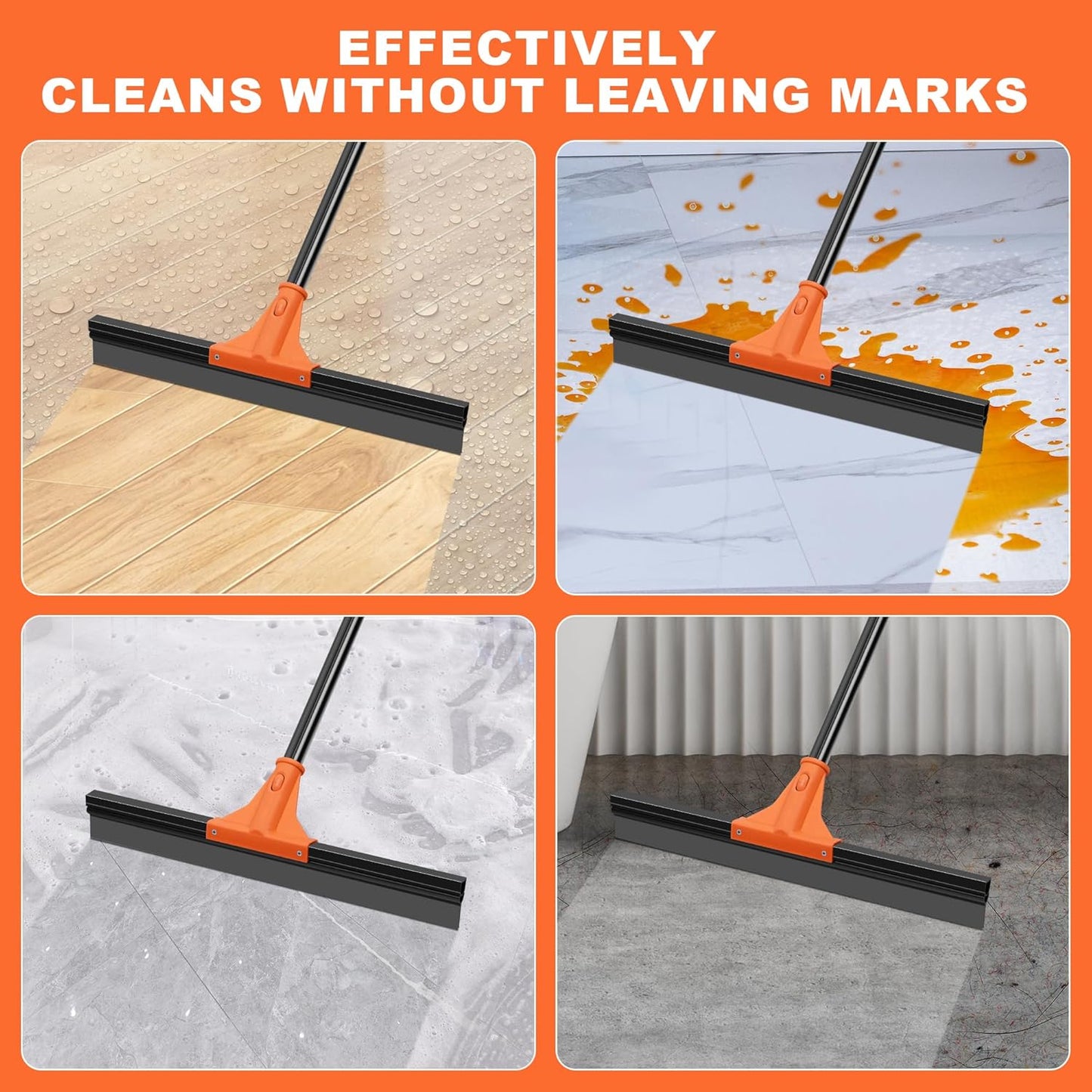 JEHONN Floor Squeegee Heavy Duty with 58.3 inches Long Handle, Rubber Scraper Broom for Cleaning Foam Water on Garage Concrete Bathroom Tile Marble Shower Glass Shop Deck Window Indoor Outdoor