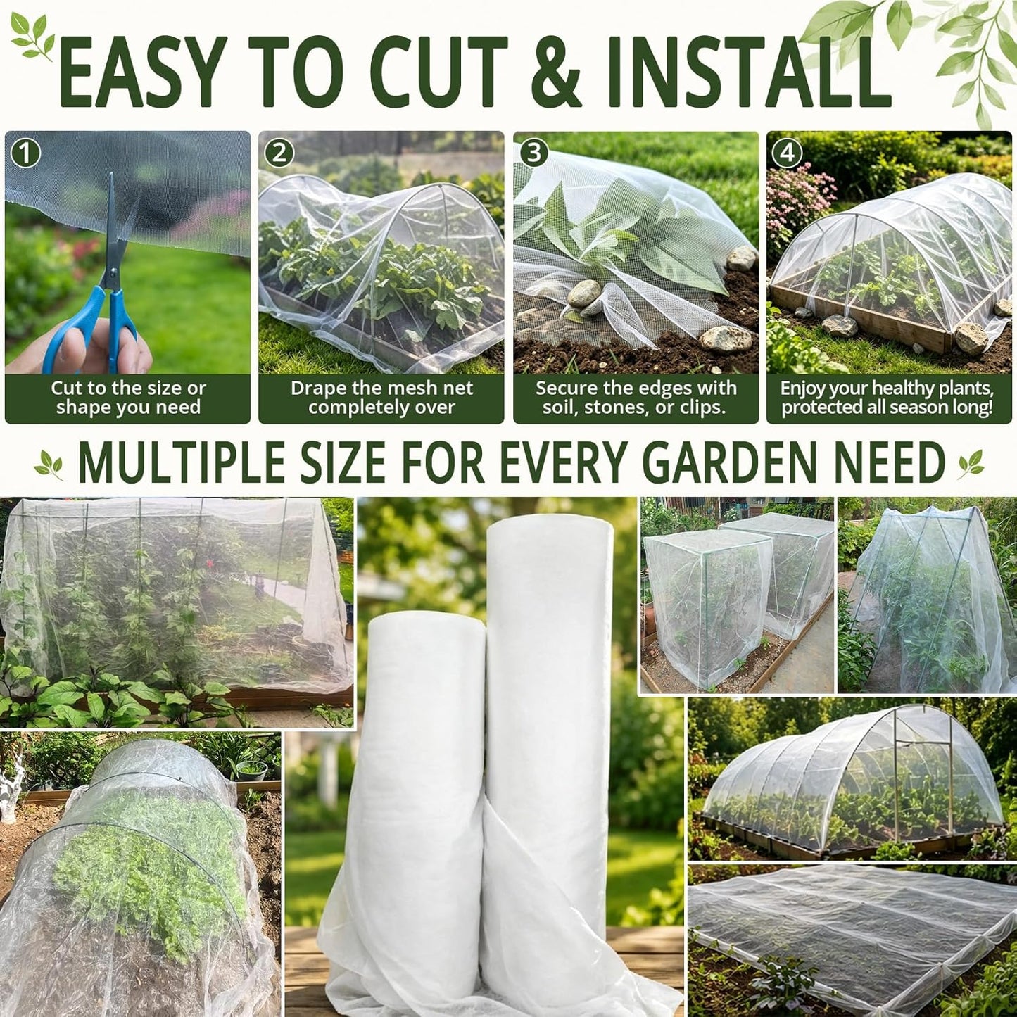 8x12Ft Garden Netting, Fine Mesh Insect Netting for Plant Protection, Mosquito Bug Bird Barrier Mesh Cover for Vegetables Fruits Flowers Raised Beds