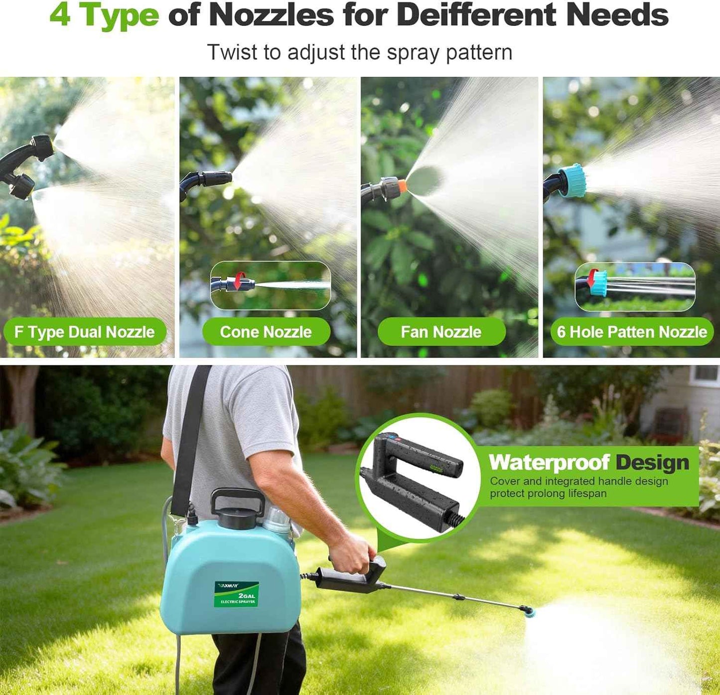 VAXMAY Battery Powered Sprayer 2 Gallon, Upgrade Electric Garden Sprayer with 3 Adjustable Speed, Battery Indicator, 4 Mist Nozzles, Rechargeable Handle, Retractable Wand, Shoulder Strap for Weed Lawn