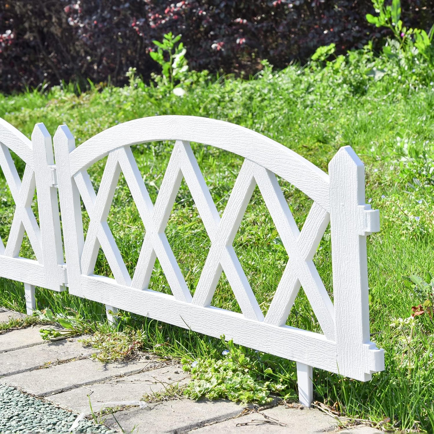 Sungmor Plastic White Garden Picket Fence, Grass Lawn Flower Beds Landscaping Edging Borders, Outdoor Path Fence Panels, Pack of 8, Lightweight & Easy Installation