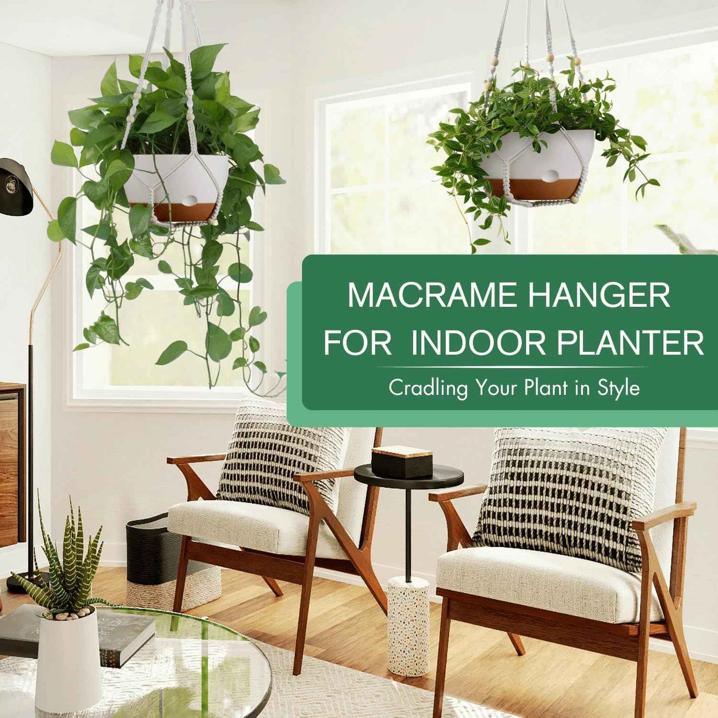 Set of 2-10 Inch Hanging Planters for Indoor Plants with Self-Watering Includes Hanging Pots for Plants, Outdoor Hanging Plant Pot with Drainage, and 2 Types of Hanging Baskets Hangers (White, 10inch)