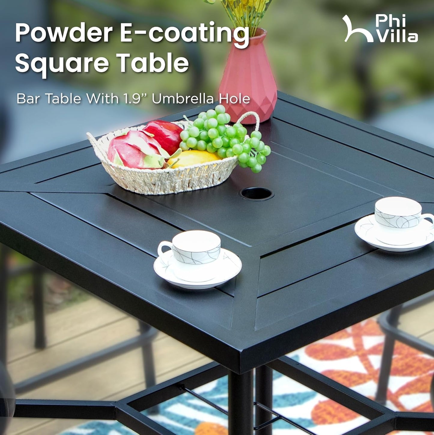 PHI VILLA 5 Piece Patio Bar Set, Bar Height Outdoor Bistro Table and Chairs with Swivel Bar Stools (Gray) and Square Metal Bar Table for Deck, Garden and Porch