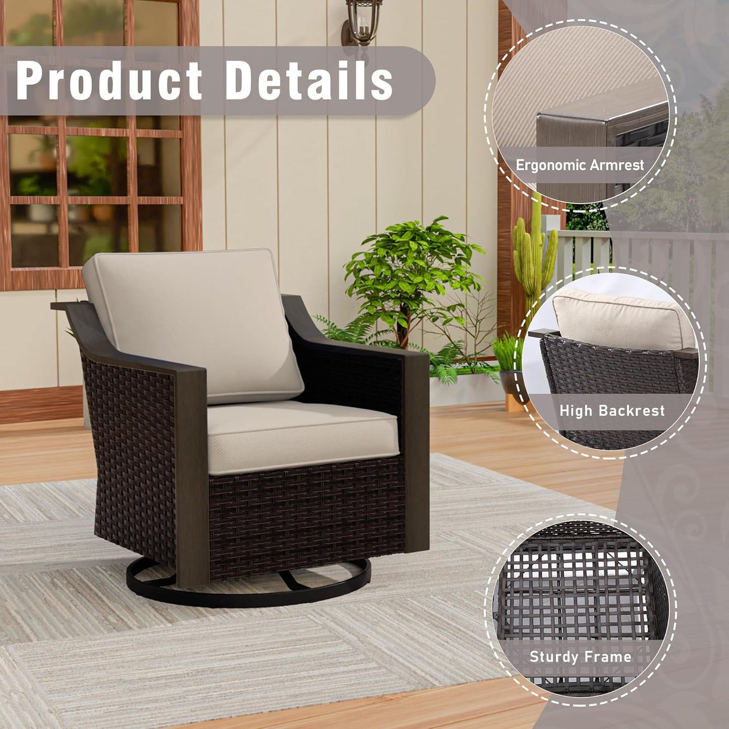 4 Piece Wicker Patio Conversation Set, All-Weather Use Outdoor 2 PE Rattan Swivel Chair, 2 Ottoman, Removable Water-Resistant Cushion, Ideal for Porch, Backyard, Balcony, Poolside, Beige
