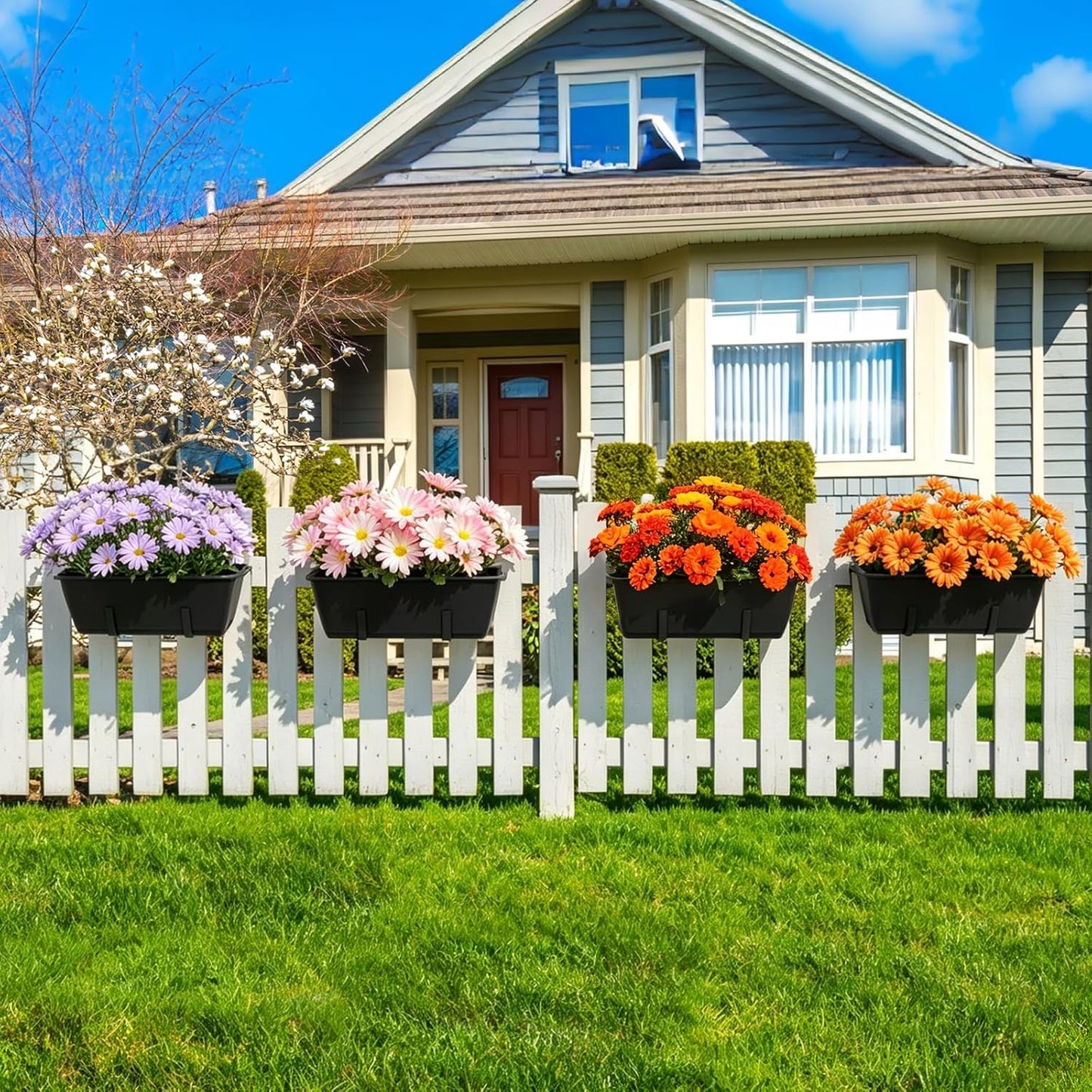 OYEAL Railing Planter Box 4 Pack Window Boxes Planters with Adjustable Brackets 17 Inch Hanging Planters for Outdoor Plants Flower Boxes for Balcony Fence Deck Railing Porch Over Rail, Black