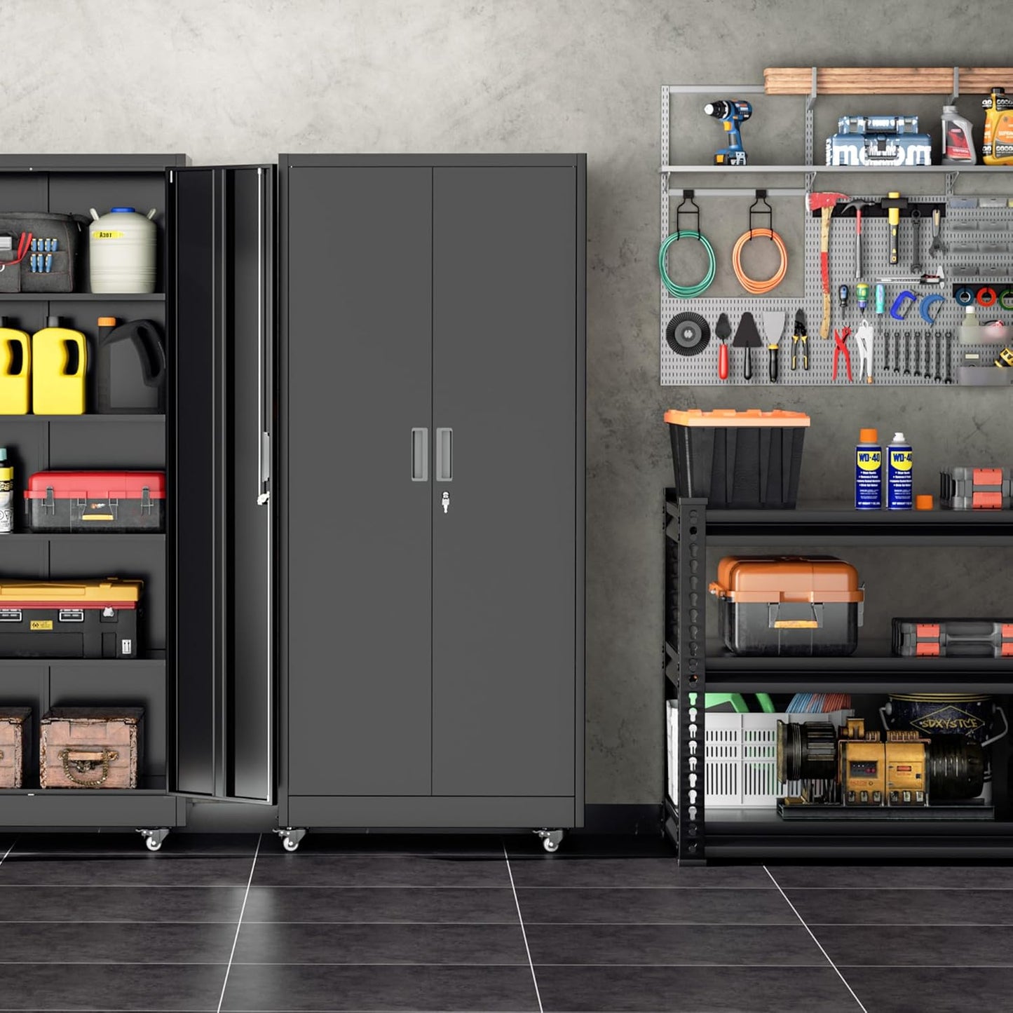 INTERGREAT Metal Storage Cabinet with Wheels, 73" Garage Storage Cabinets with Door and 4 Shelves, Tool Storage Locker on Caster for Home, Office, Black