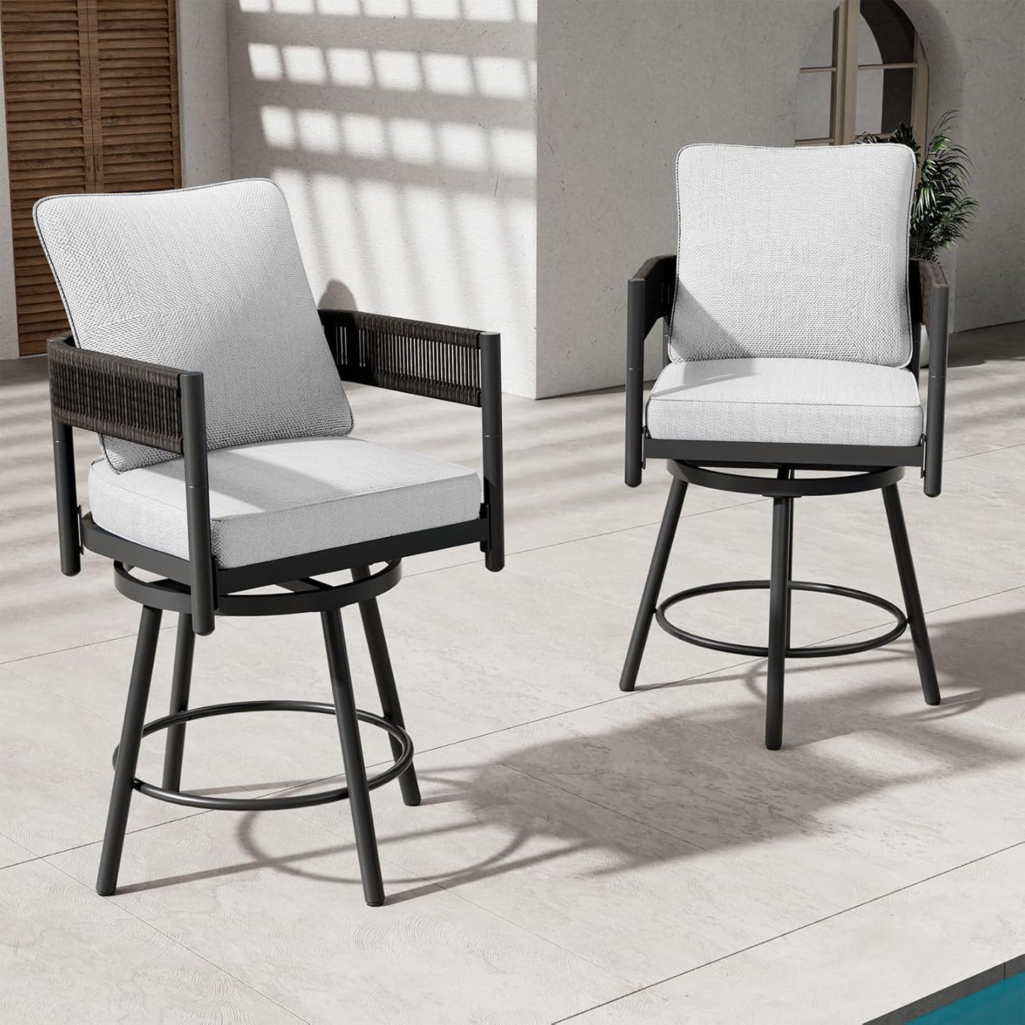Grand patio Outdoor Swivel Bar Stools Set of 2, 26" Counter Height Swivel Chairs with Metal Frame, Curved Woven Wicker Backrest, Thickened Cushions for Patio, Deck, Balcony (Beige)