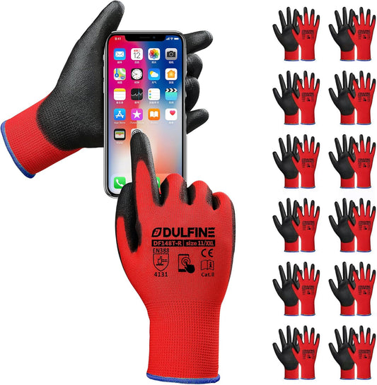 DULFINE Safety Work Gloves PU Coated for Men and Women-12 Pairs,Red Seamless Knit Glove with Two Fingers Touchscreen,Ideal for General Duty Work (XX-Large)