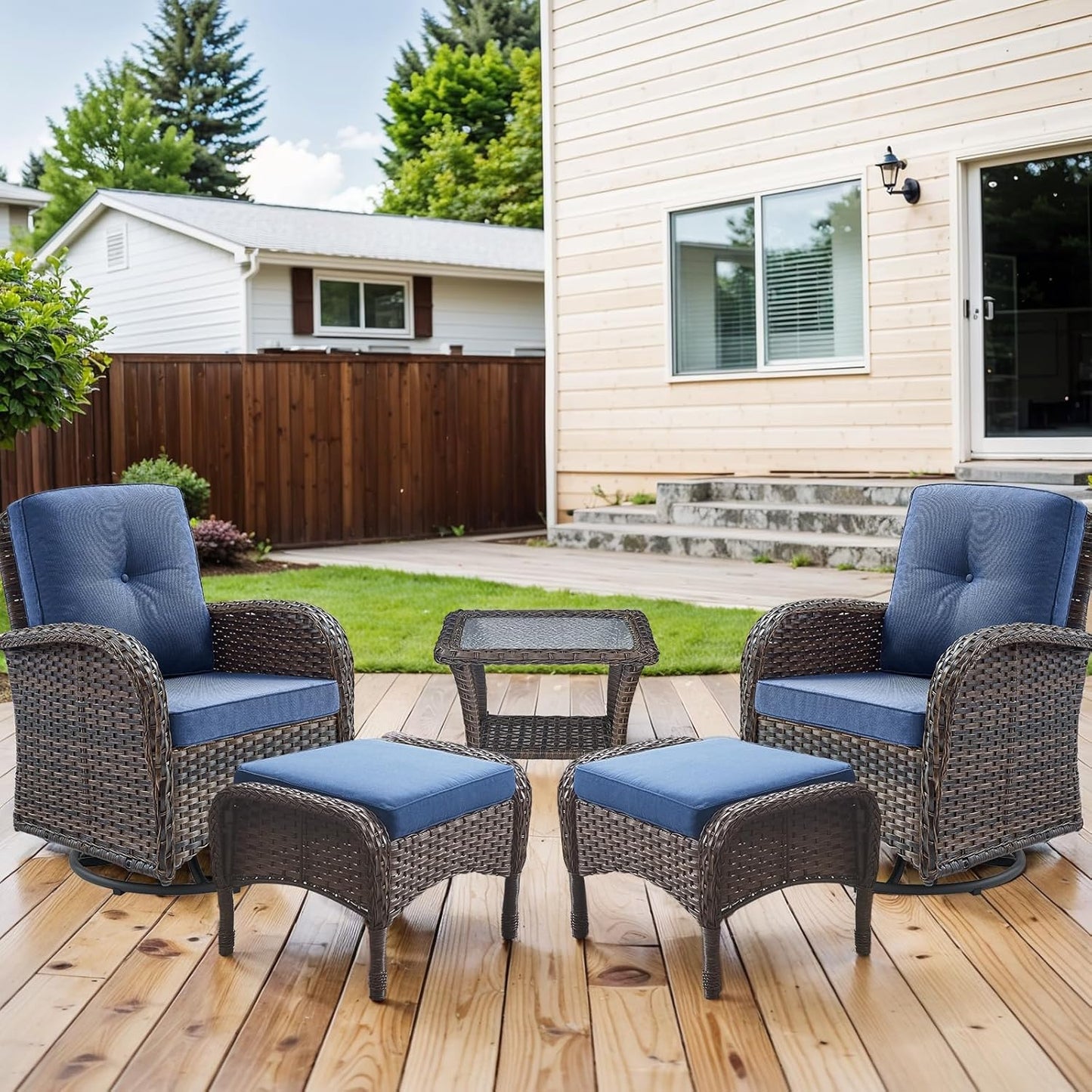 HUMMUH 5 Pieces Wicker Patio Furniture Set,Outdoor Swivel Gliders Rocker,Patio Ottomans,Glass Top Side Table,Outdoor Conversation Set for Porch Deck Backyard Poolside