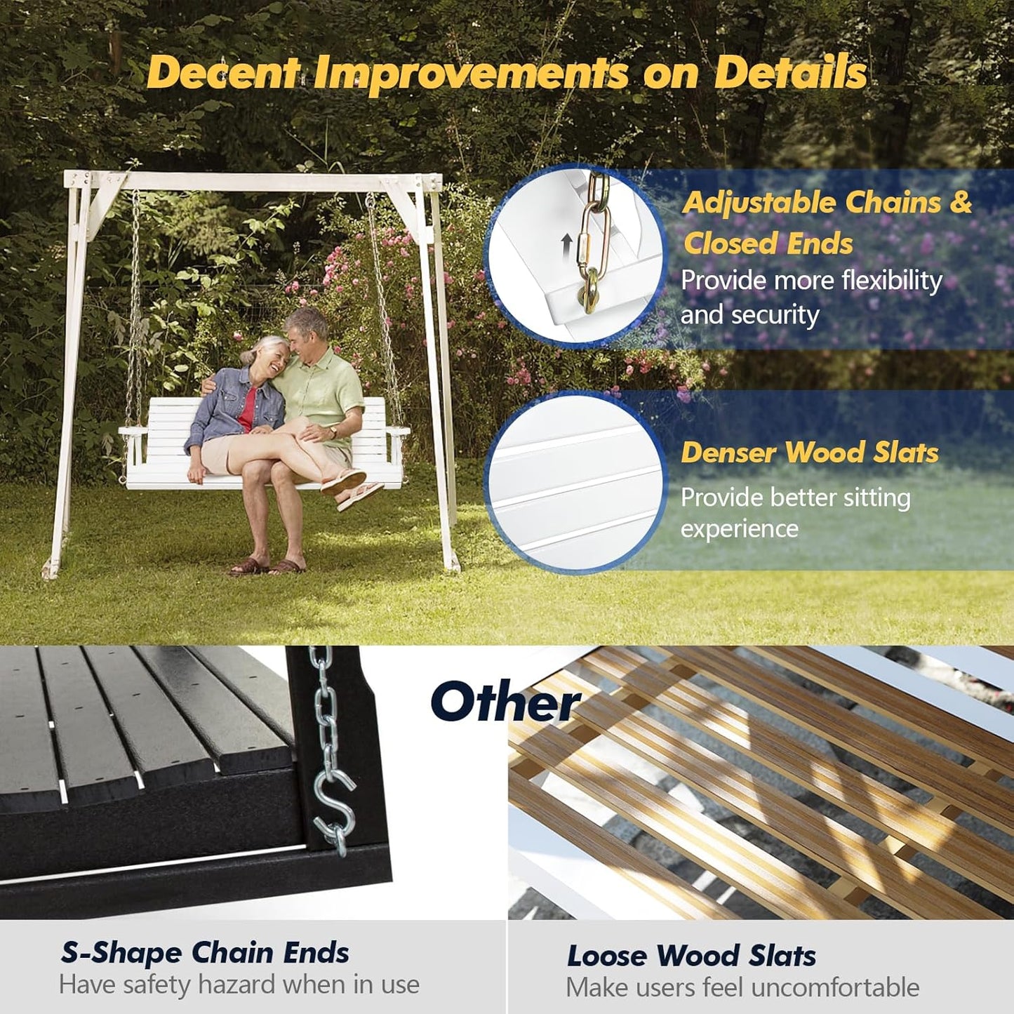 VINGLI Upgraded Patio Wooden Porch Swing for Courtyard & Garden, Heavy Duty 880 LBS Swing Chair Bench with Hanging Chains for Outdoors (5 FT, White)