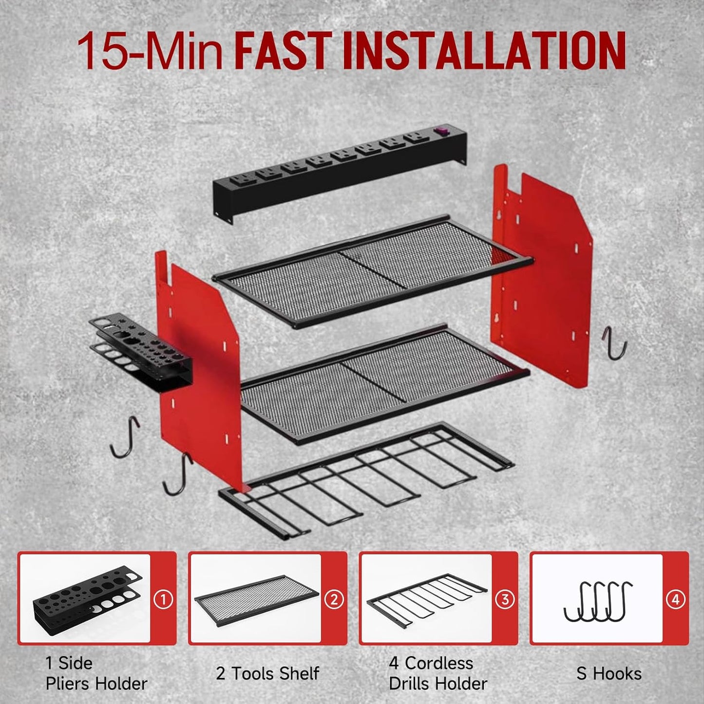 Power Tool Organizer Wall Mount with Charging Station, Heavy Duty 3 Layers Tool Storage Rack with 4 Cordless Drill Holder, Battery Holder with 8 Power Strip, Ideal for Garage, Warehouse, Workshop