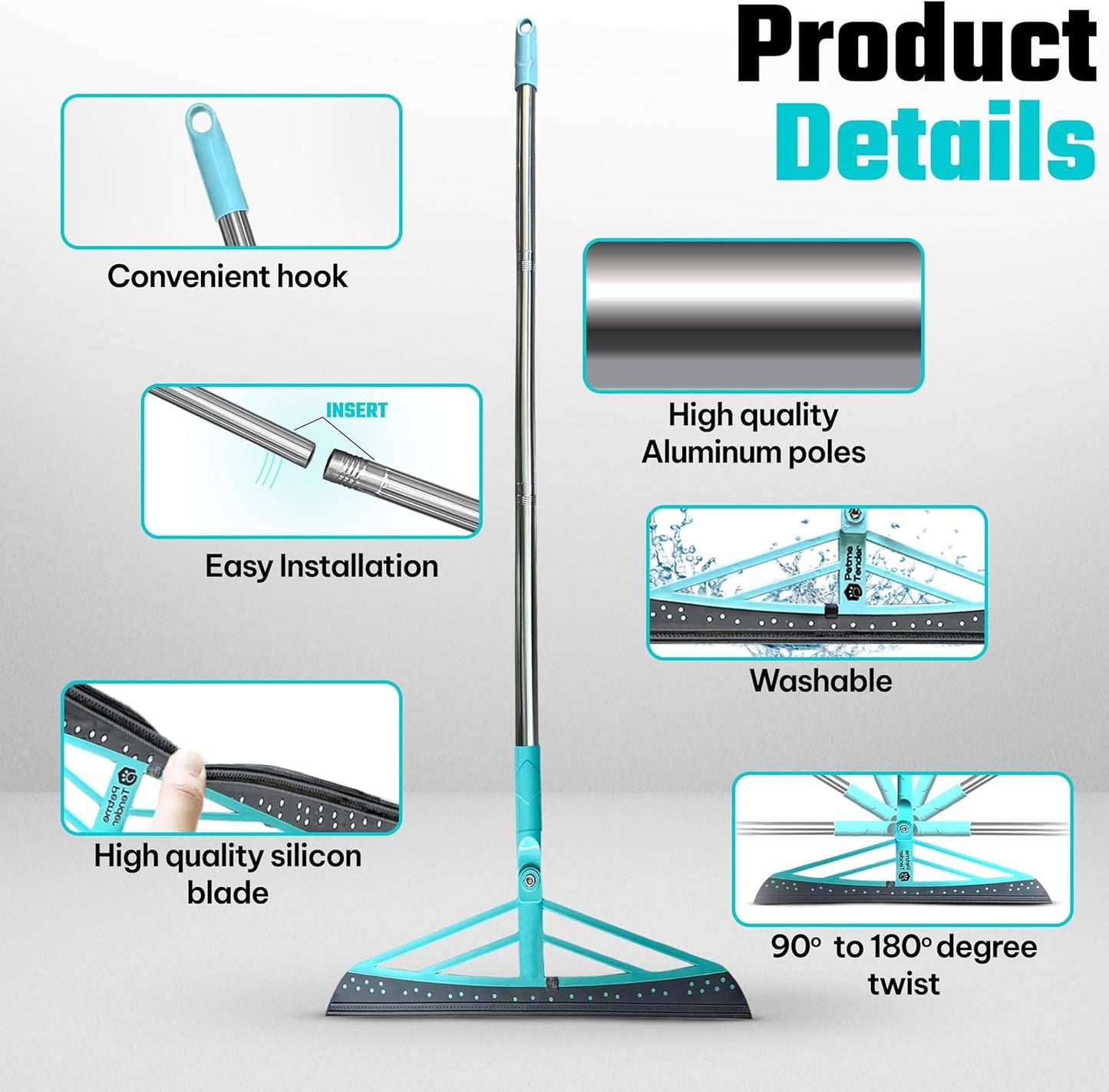 Magic Broom Squeegee Dog Pet Hair Remover, Rotatable, Height Adjustment - Silicone Broom Pet Hair Remover for All-Surfaces Hardwood Floors, Rugs, Tile, Glass, Liquid-Dirt with 50" Handle