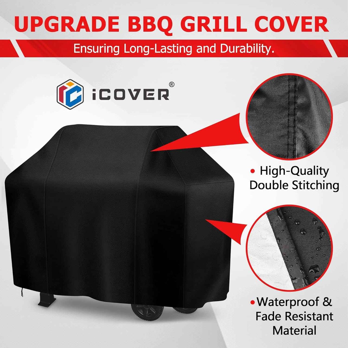i COVER Grill Cover, 58 inch BBQ Grill Cover for Outdoor Grill, Anti-UV & Fade Resistant Gas Grill Cover, Waterproof Barbecue Grill Covers for Weber, Char-Broil, Nexgrill and More, Black