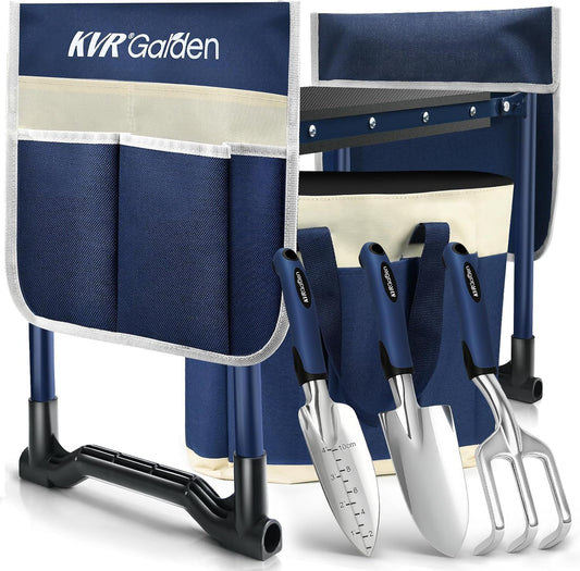 KVR Garden Kneeler and Seat Set 2025 Upgraded - Heavy Duty Foldable Bench Chair with 3 Tools & 2 Tool Pouch + Multi-Purpose Bag, Gardening Stool Gifts for Seniors, Women, Mom