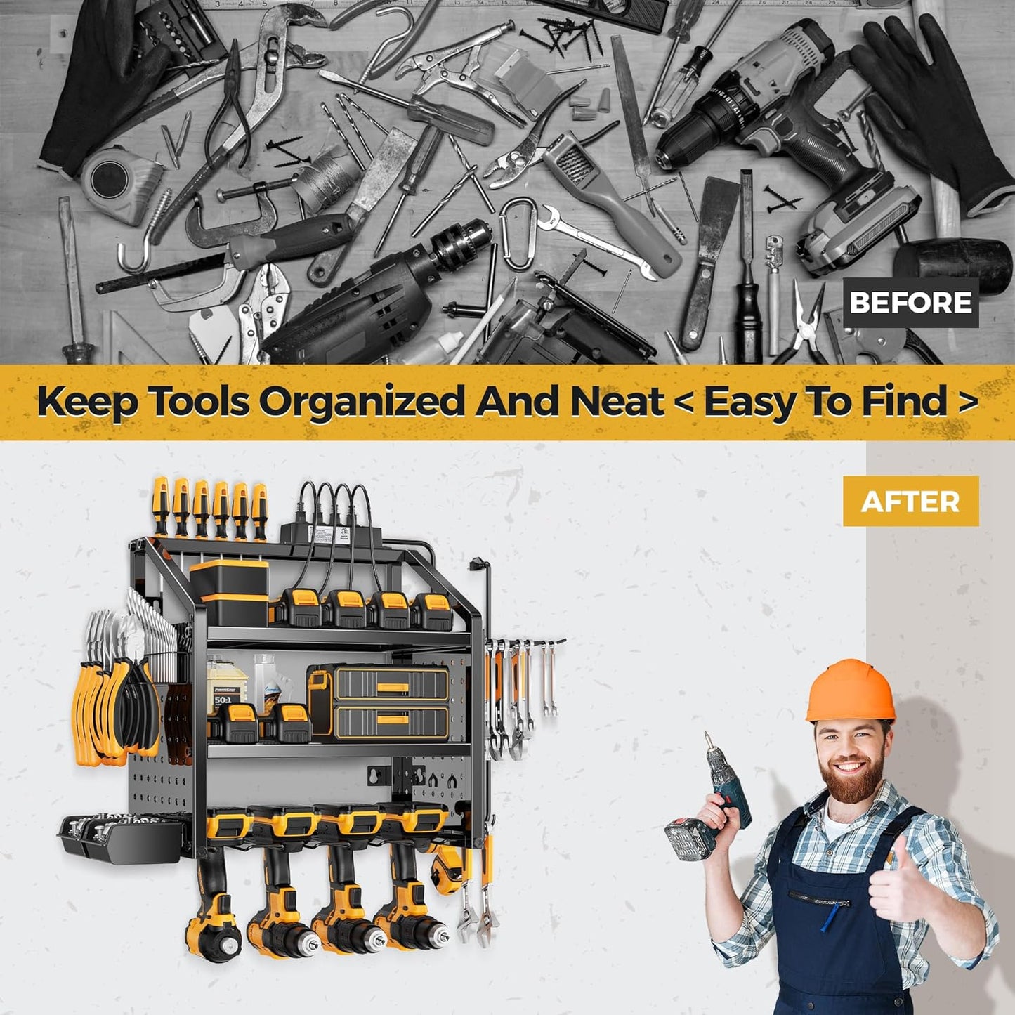 LBT Heavy Duty Metal Power Tool Organizer Wall Mount with 4 Outlet Charging Station & Drill Holder, 4 Layer Garage Storage Rack 120LB, Gift for Men Dad Husband (Workshop, Anniversary, Father's Day)