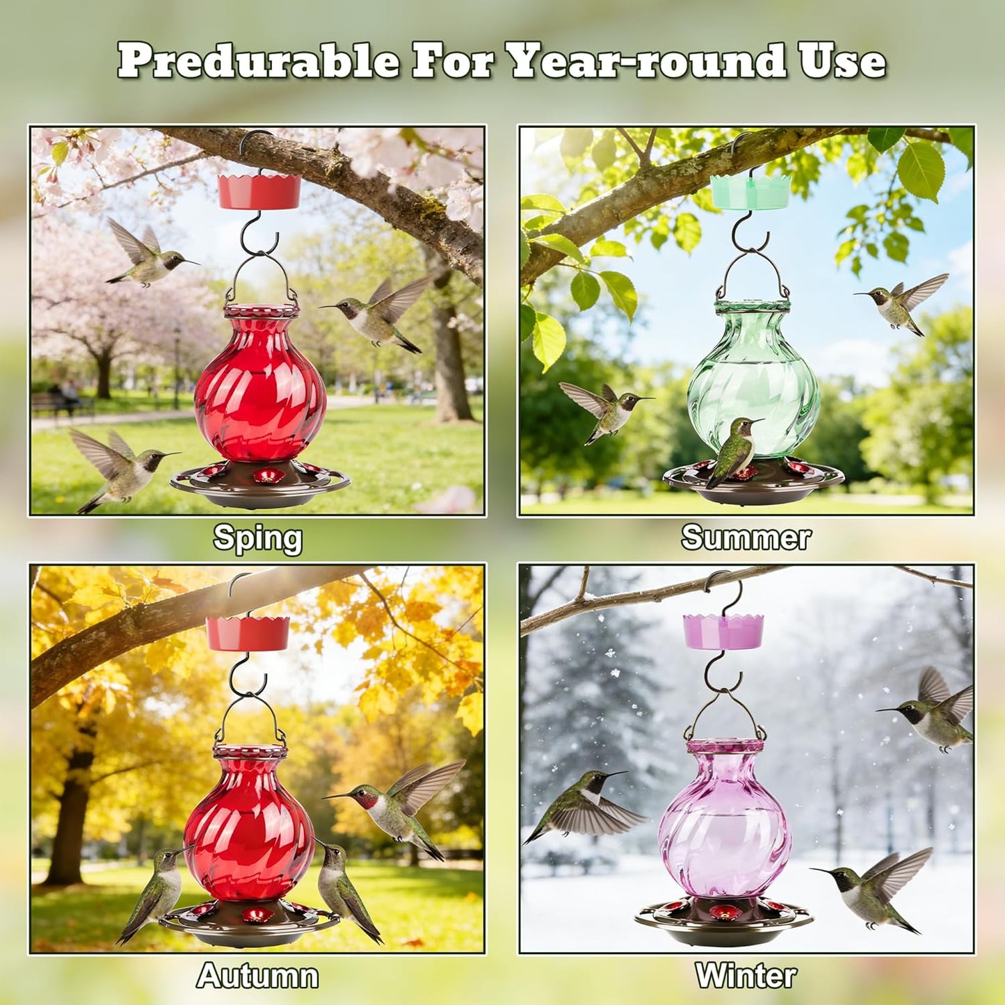 Hummingbird Feeder, Auslar 26 Ounces Glass Hummingbird Feeders for Outdoors Hanging Ant and Bee Proof, Ant Moat & 5 Flower Feeding Ports, Rustproof, Leakproof, Netted Flower Bud Shape Bottle, Red