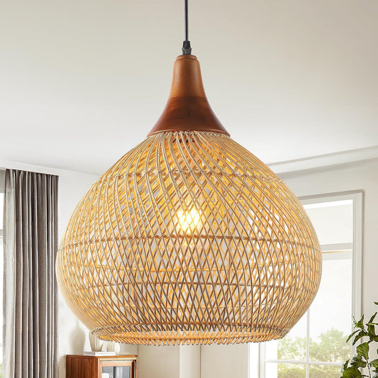 Rattan Pendant Light, 15.7" Rattan Chandelier Hand-Woven Boho Pendant Light Fixtures with Solid Wood, Basket Wicker Chandelier for Dining Room Kitchen Island Living Room