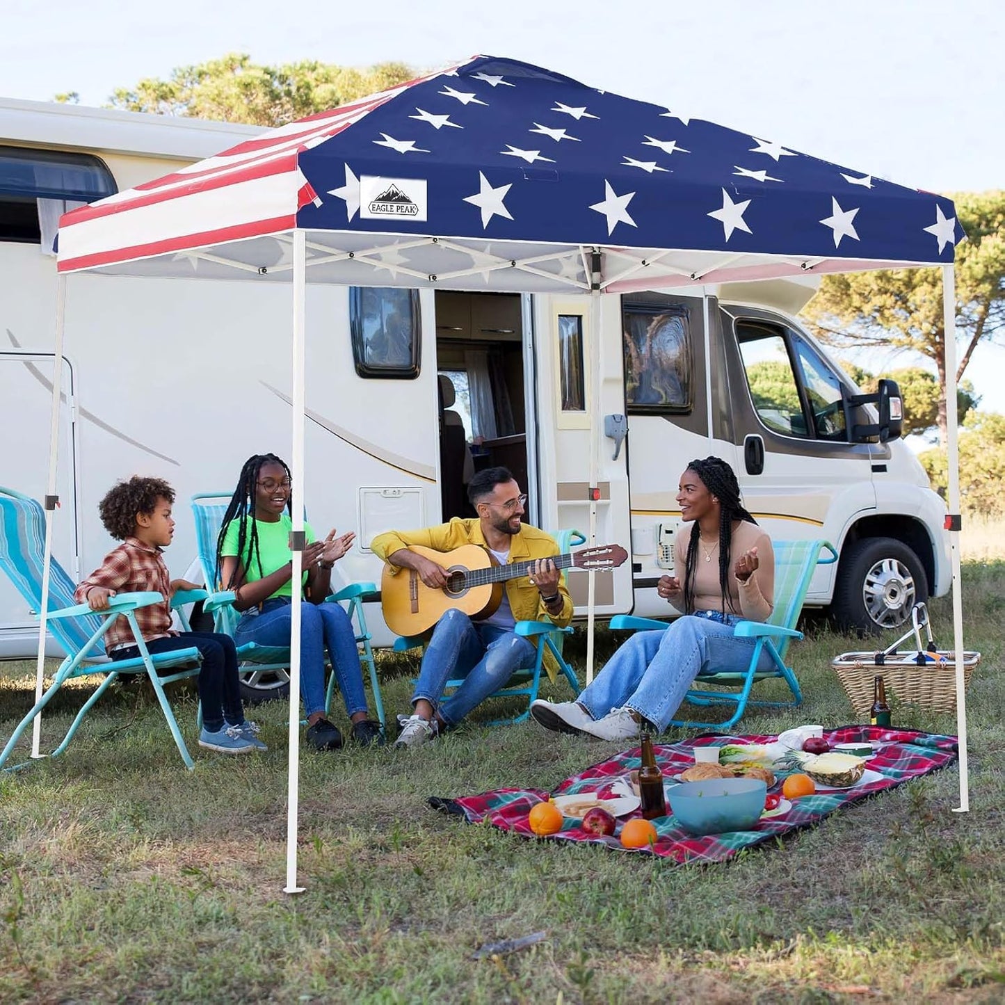 EAGLE PEAK Pop Up Canopy Tent with Wheeled Carry Bag, 8 Stakes, 4 Ropes, Easy Set Up Tent Canopy, 8x8 ft, American Flag