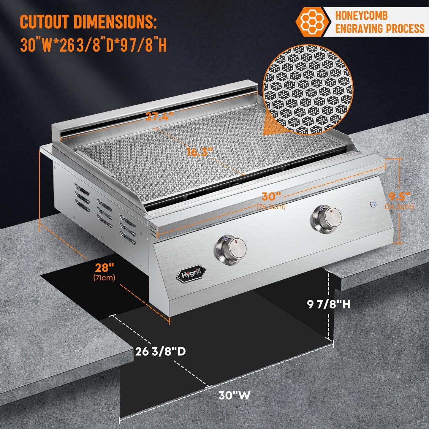 Hygrill 30-Inch Premium Built-In Liquid Propane Griddle for Outdoor Kitchen, Durable Stainless Steel 2-Burner Flat Top Grill with Lid and LED lights, 36000 BTUs