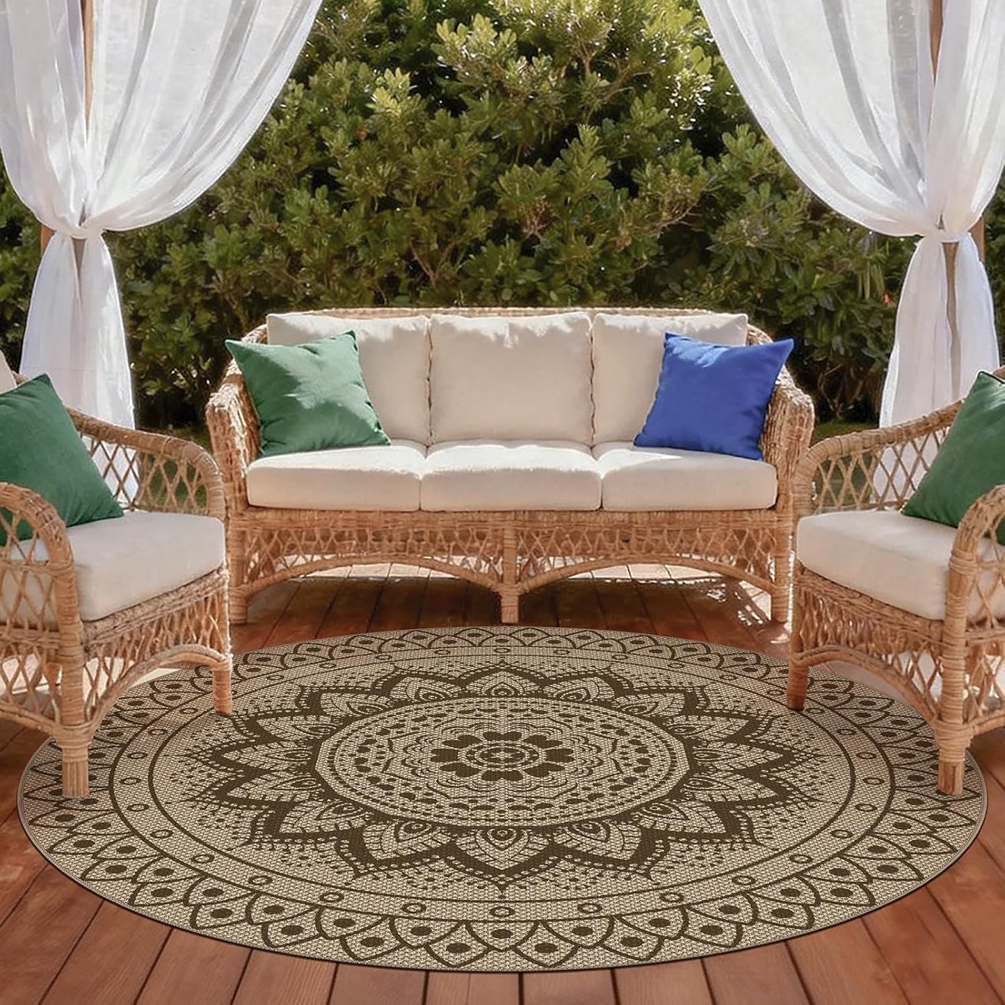 Easy Jute Outdoor Round Rug, 6ft Washable Indoor Outdoor Patio Rug, Brown Non Slip Round Area Rug Farmhouse, Boho Carpet for Backyard Patio
