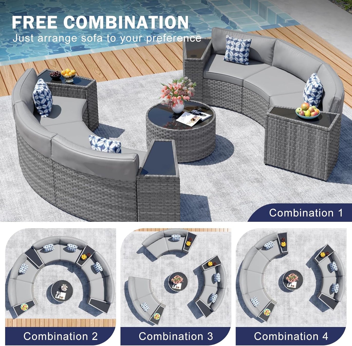 Outdoor Patio Furniture Set with Table, 11 Pieces Grey Rattan Half-Moon Sectional Round Set, Curved Conversation Set, Wicker Sofa with Tempered Glass Coffee Table (Gray, 11 Pieces)