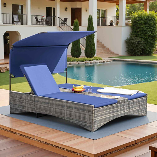 Flamaker Outdoor Double Chaise Lounge with Adjustable Canopy - 600LBS Capacity 2-Person Patio Daybed with Removable Cushions & Side Table, PE Rattan Sun Lounger for Pool, Garden, Backyard (Blue)
