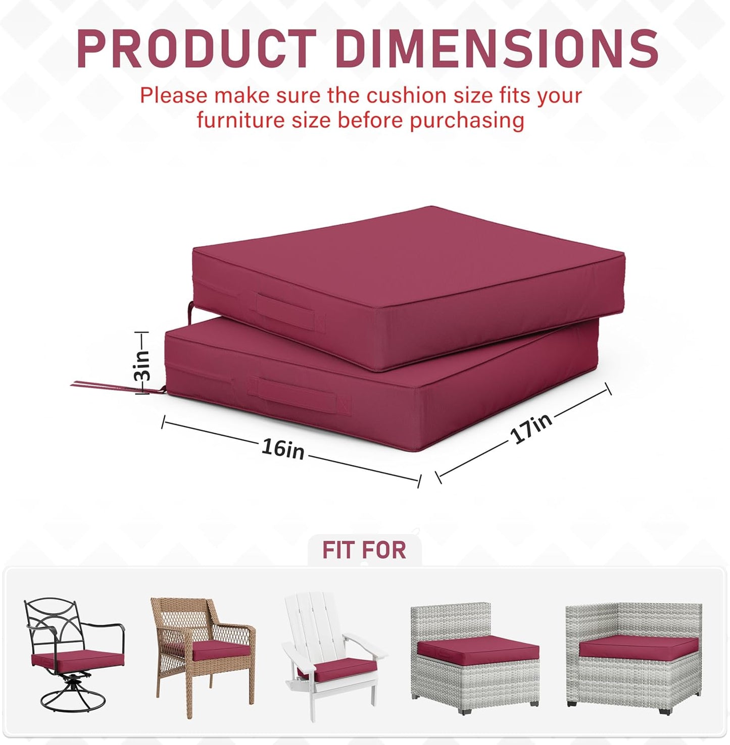 Patio Chair Cushions 17 X 16 X 3 Inch Waterproof Outdoor Seat Cushions for Patio Furniture, Outdoor Sofa Couch Pads with Ties & Handle, Set of 2, Fuchsiared