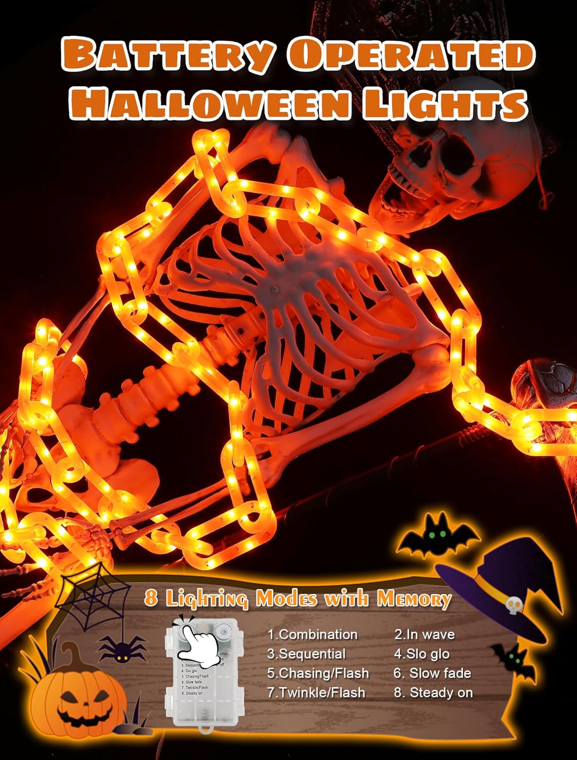 Halloween Decorations Chain Lights,10.4 Ft 175 LED Plastic Chain String Lights Battery Operated and USB,8 Lighting Modes Orange Light with Timer for Halloween Skeleton Dog Party Spooky Outdoor