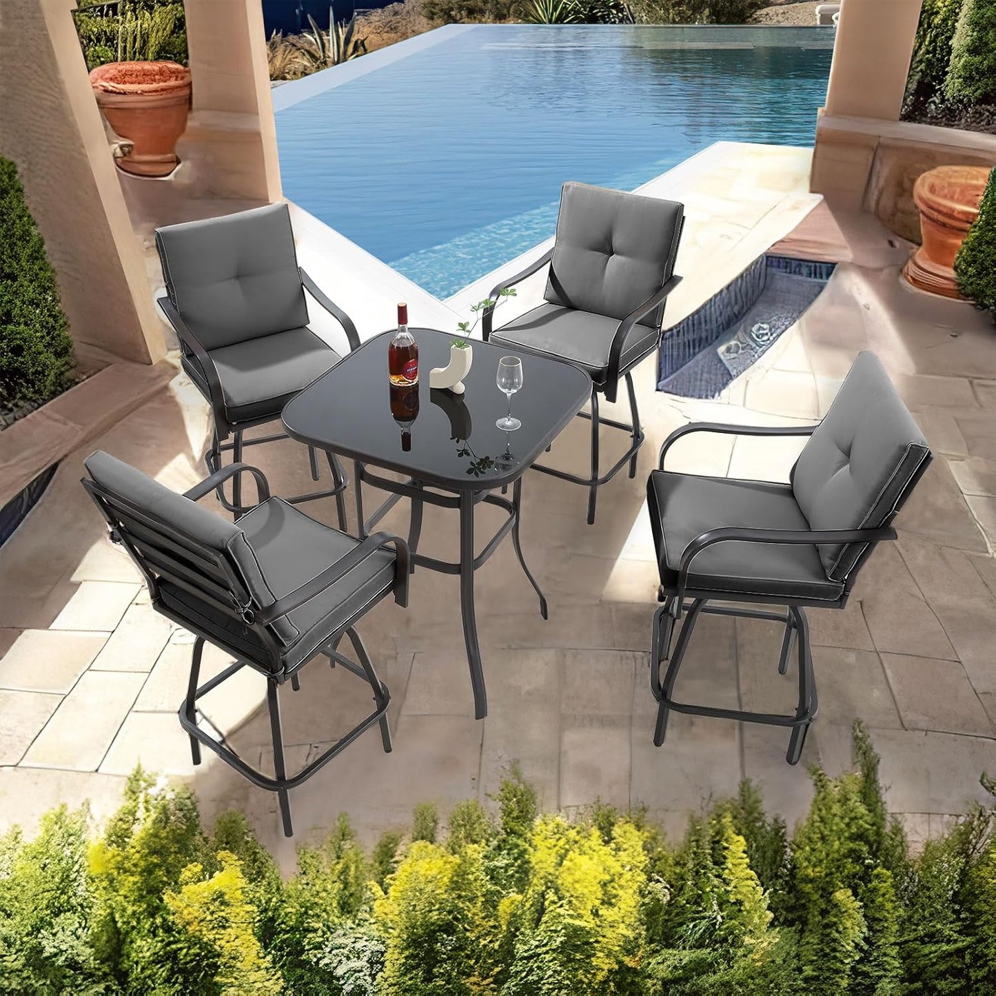 Patio Swivel Bar Stools Set of 4, Outdoor Bar Height Patio Swivel Chairs with Cushion for Garden Balcony Backyard (Grey)