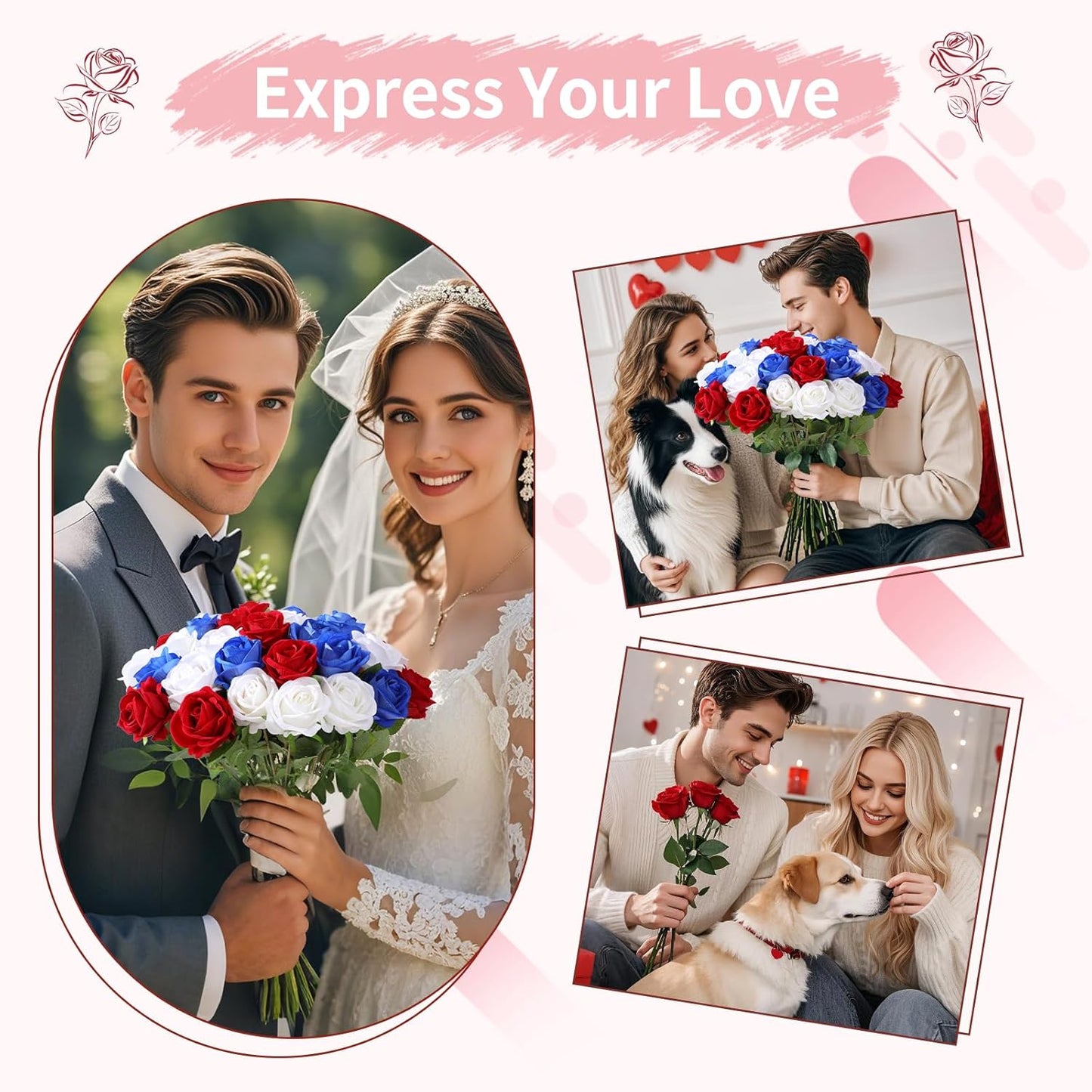 55 PCS Fake Roses Artificial Flowers Bulk, Mixed Roses Bridal Bouquet Silk Faux Rose with Stems for Wedding Flowers Decoration, Valentine's Day, Bridal Bouquet, Anniversary,Home Decor(55PCS)