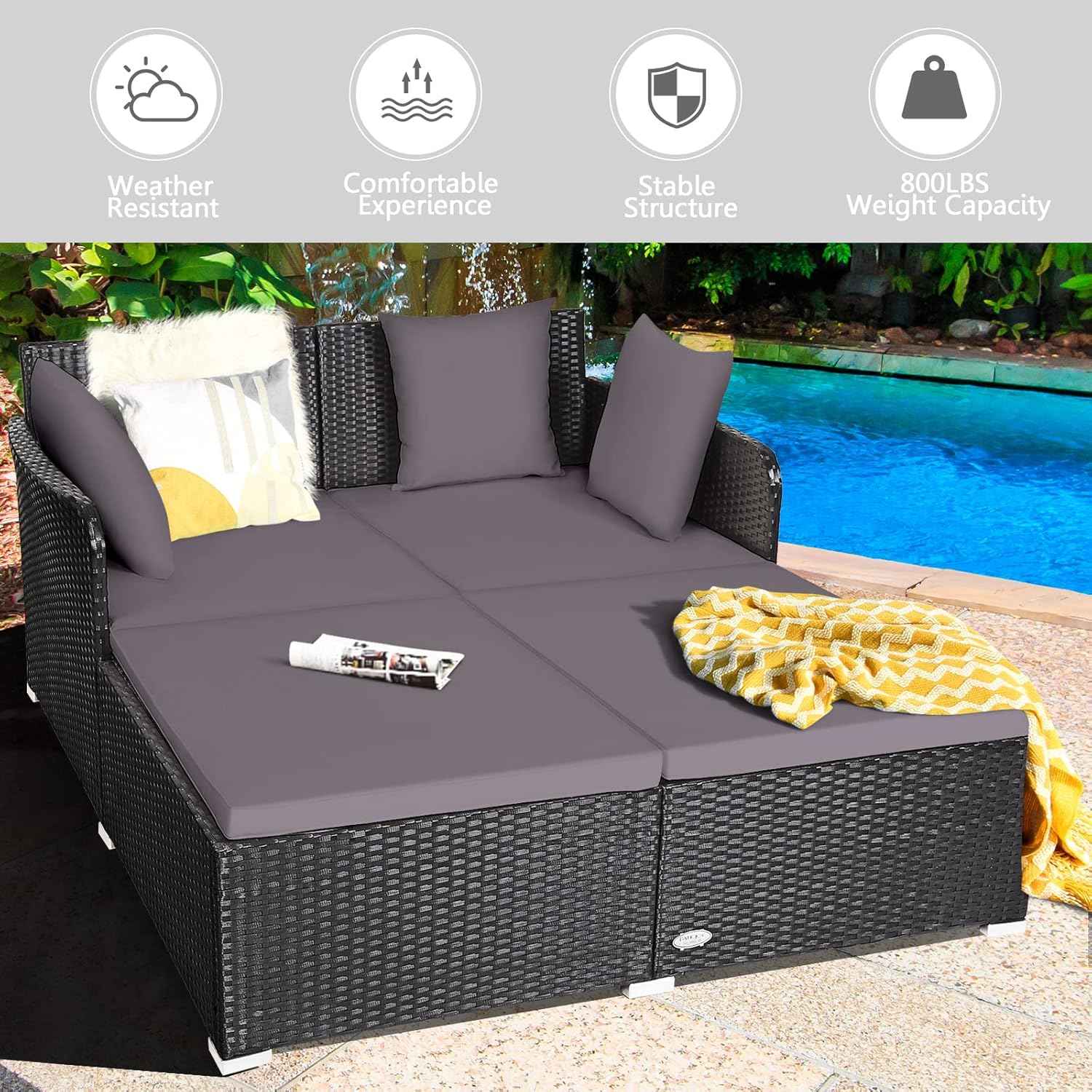 Outdoor Rattan Daybed, Patio Loveseat Sofa Set w/Comfortable Cushions, Extra Pillows & Metal Foot, Sunbed Wicker Furniture for Yard/Poolside/Living Room/Garden/Porch, Grey