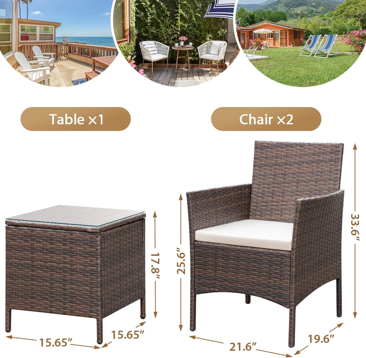 Rankok Patio Chairs Set of 2 Outdoor Front Porch Furniture Bistro Set 3 Piece Wicker Patio Chairs Balcony Furniture for Backyard Patio Balcony Lawn Pool (Brown)