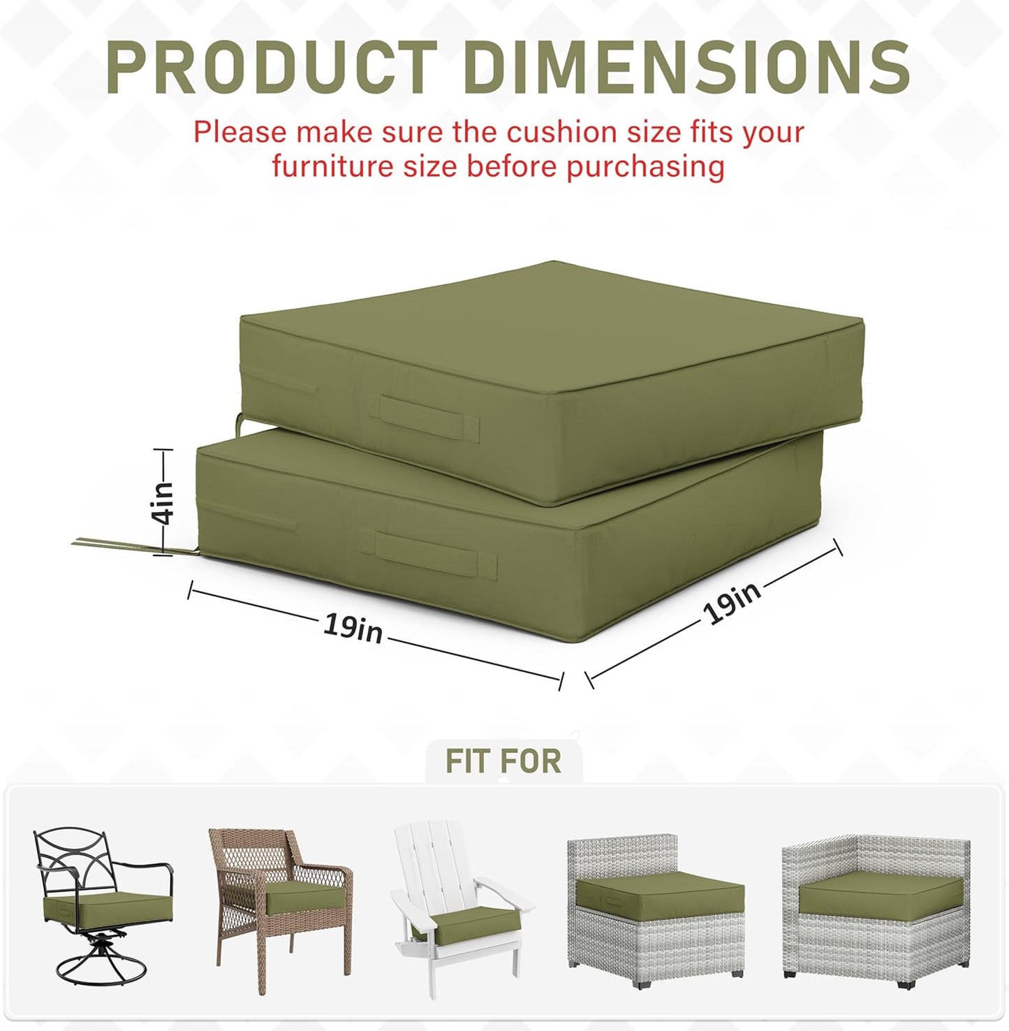 Patio Chair Cushions 19 X 19 X 4 Inch Waterproof Outdoor Seat Cushions for Patio Furniture, Outdoor Sofa Couch Pads with Ties & Handle, Set of 2, Light Green