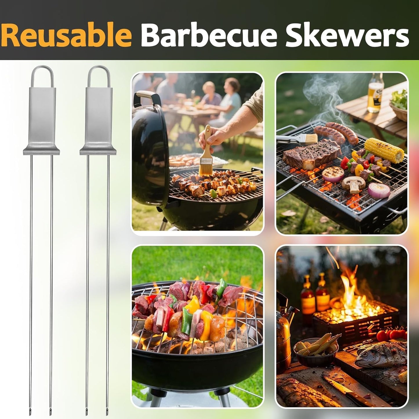 6pcs Stainless Steel Kabob Skewers - 12.6" Double Pronged Reusable BBQ Skewer with Push Bar for Easy Grilling & Quick Release