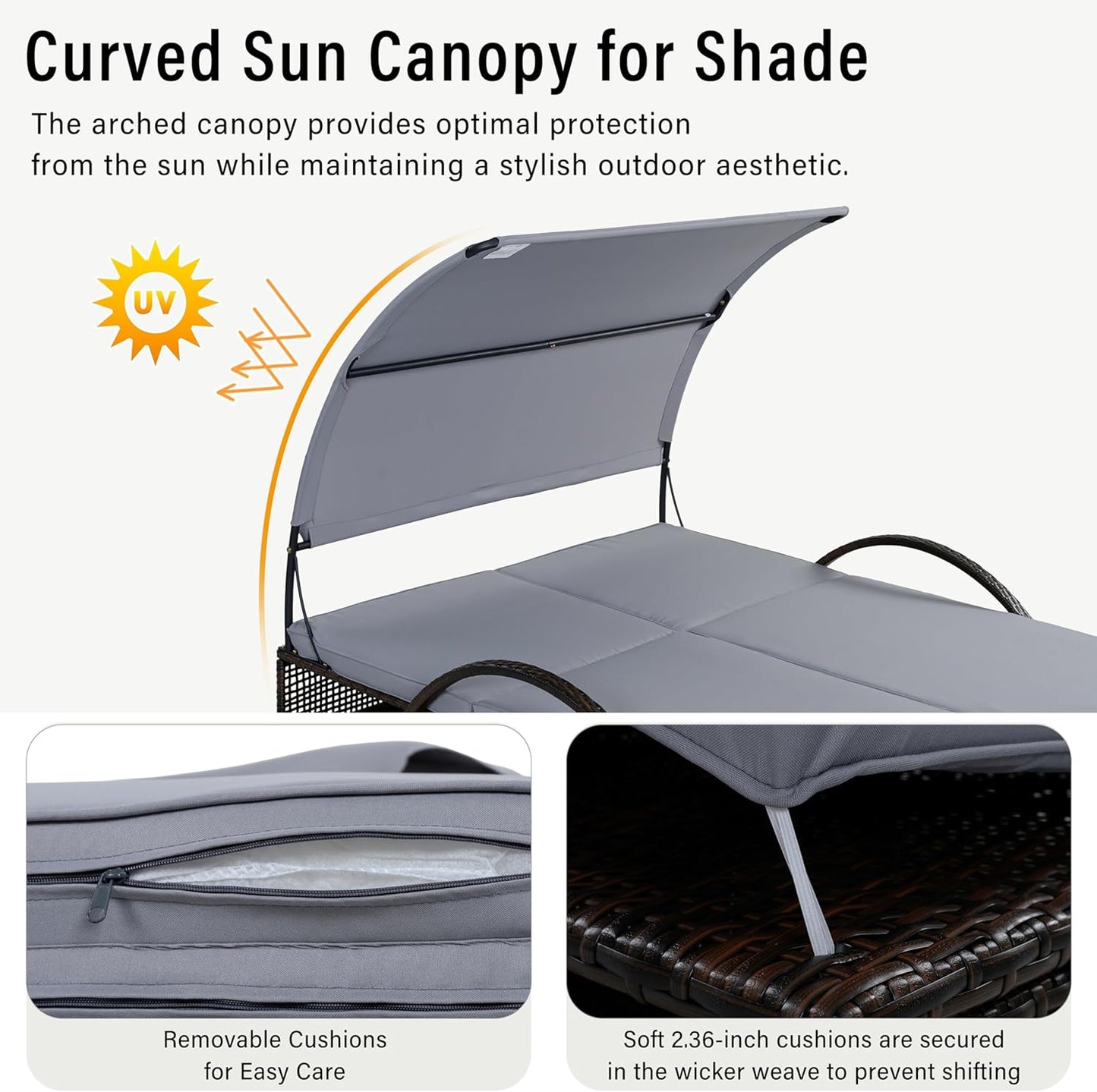 Mirightone 2-Person Outdoor Chaise Lounge Daybed with Canopy, Steel Frame Patio Sunbed with Adjustable Backrest, Hidden Side Table and Arched Armrests, for Poolside, Deck, Garden, Gray