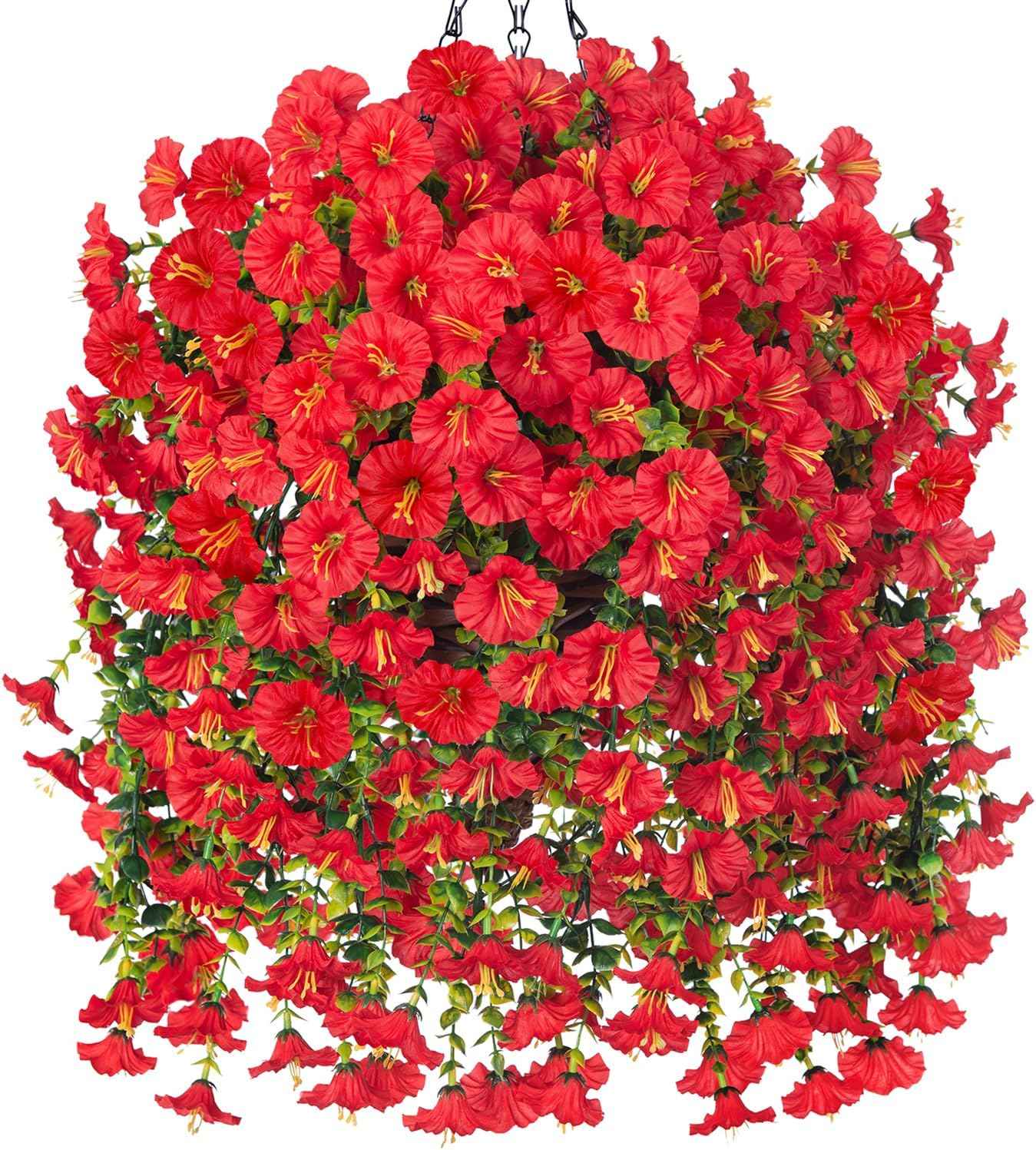 Artificial Hanging Flowers with Basket Outdoors Fake Flowers Plants for Winter Christmas Decor,3PCS Faux Red Silk Morning Glory Flower with Eucalyptus Realistic Vines for Home Porch Patio Balcony Yard