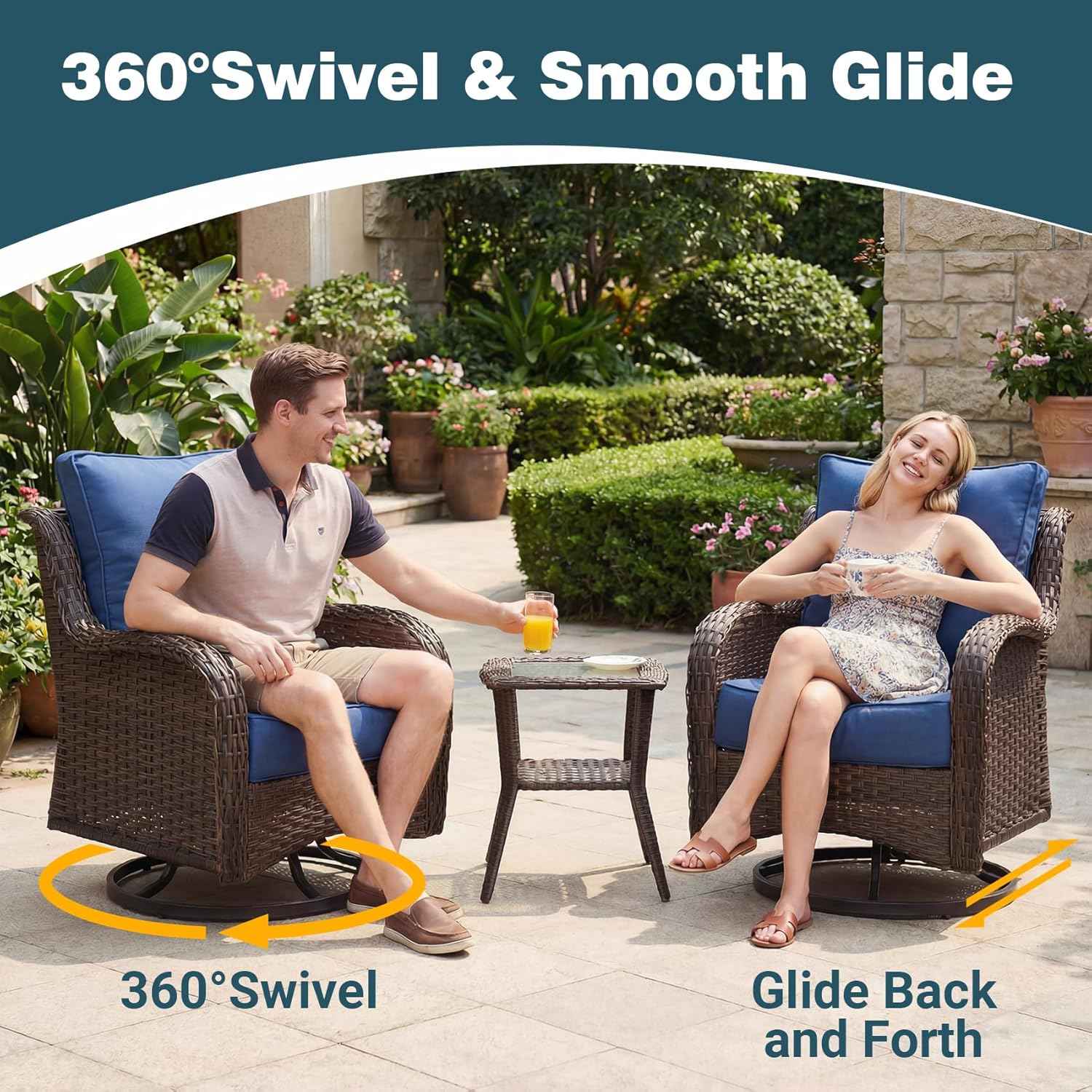 Patio Furniture Set, 7PCS Outdoor Wicker Conversation Set with 6" Thick Cushions, High Back Rattan Sofa & Swivel Rocker Chairs, Weather Resistant Olefin Fabric for Garden, Poolside, Navy Blue