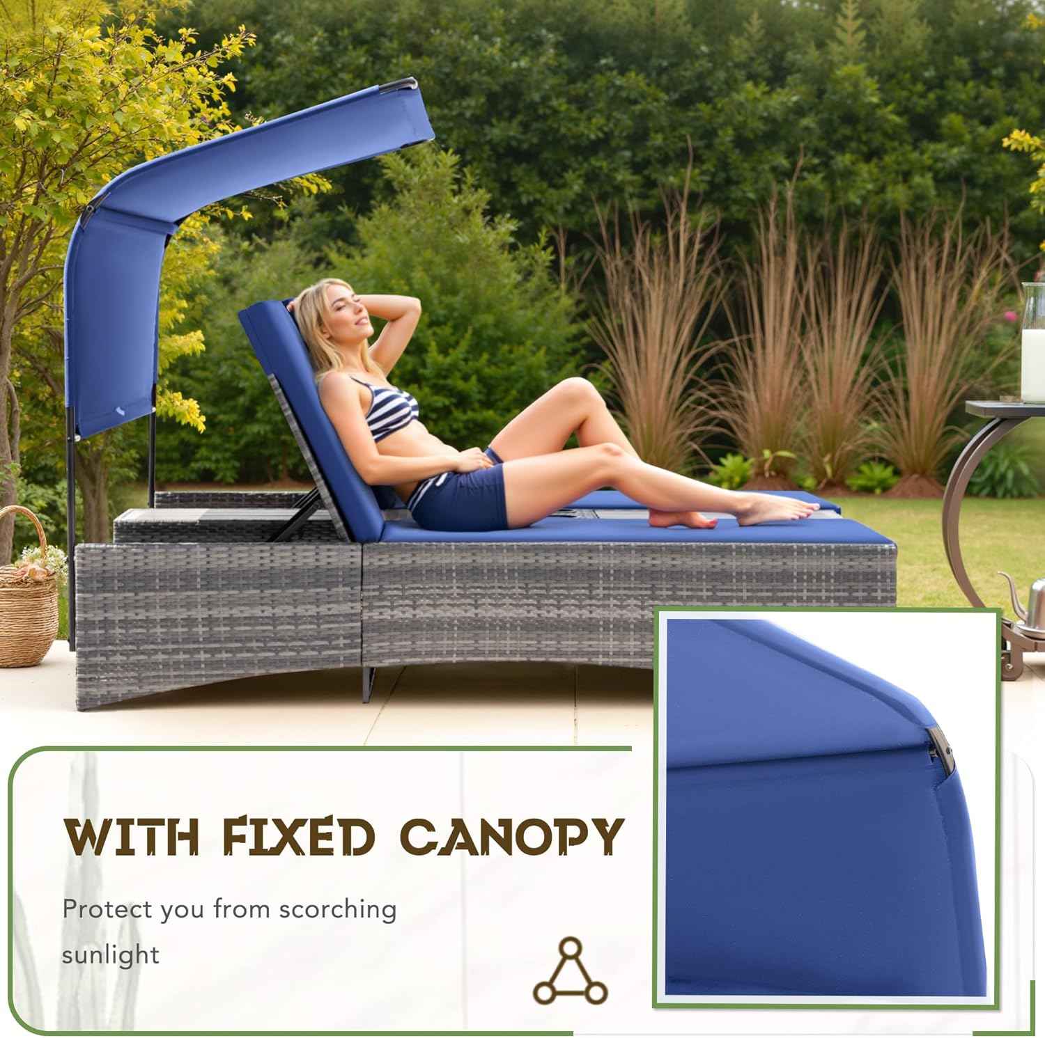 Flamaker Outdoor Double Chaise Lounge with Adjustable Canopy - 600LBS Capacity 2-Person Patio Daybed with Removable Cushions & Side Table, PE Rattan Sun Lounger for Pool, Garden, Backyard (Blue)
