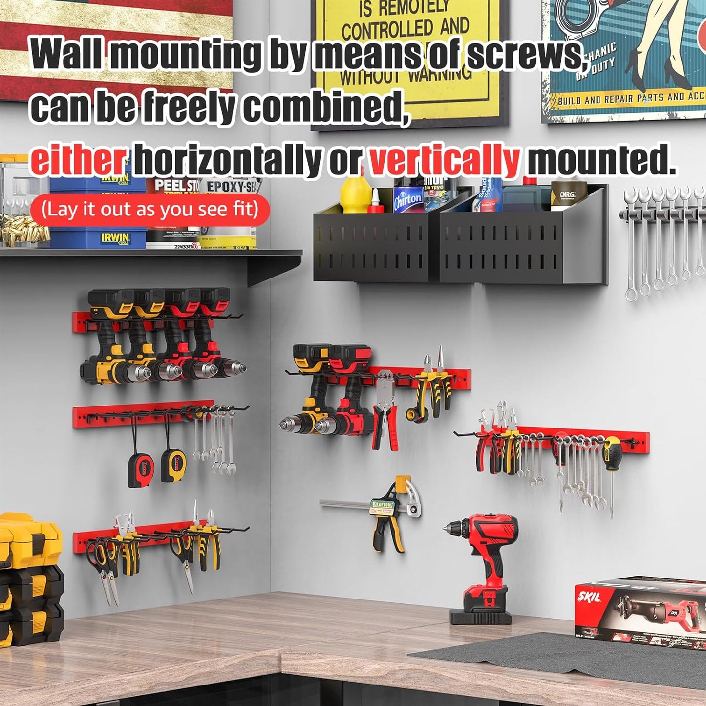 CCCEI 3 Modular Pegboard Strip Storage, Metal Peg Slat Wall Mount for Garage, Basement, Garden, Laundry Room Organization. Flexible Tool Organizer for Rake, Shovels, Crafting. Gifts for Men, Red.