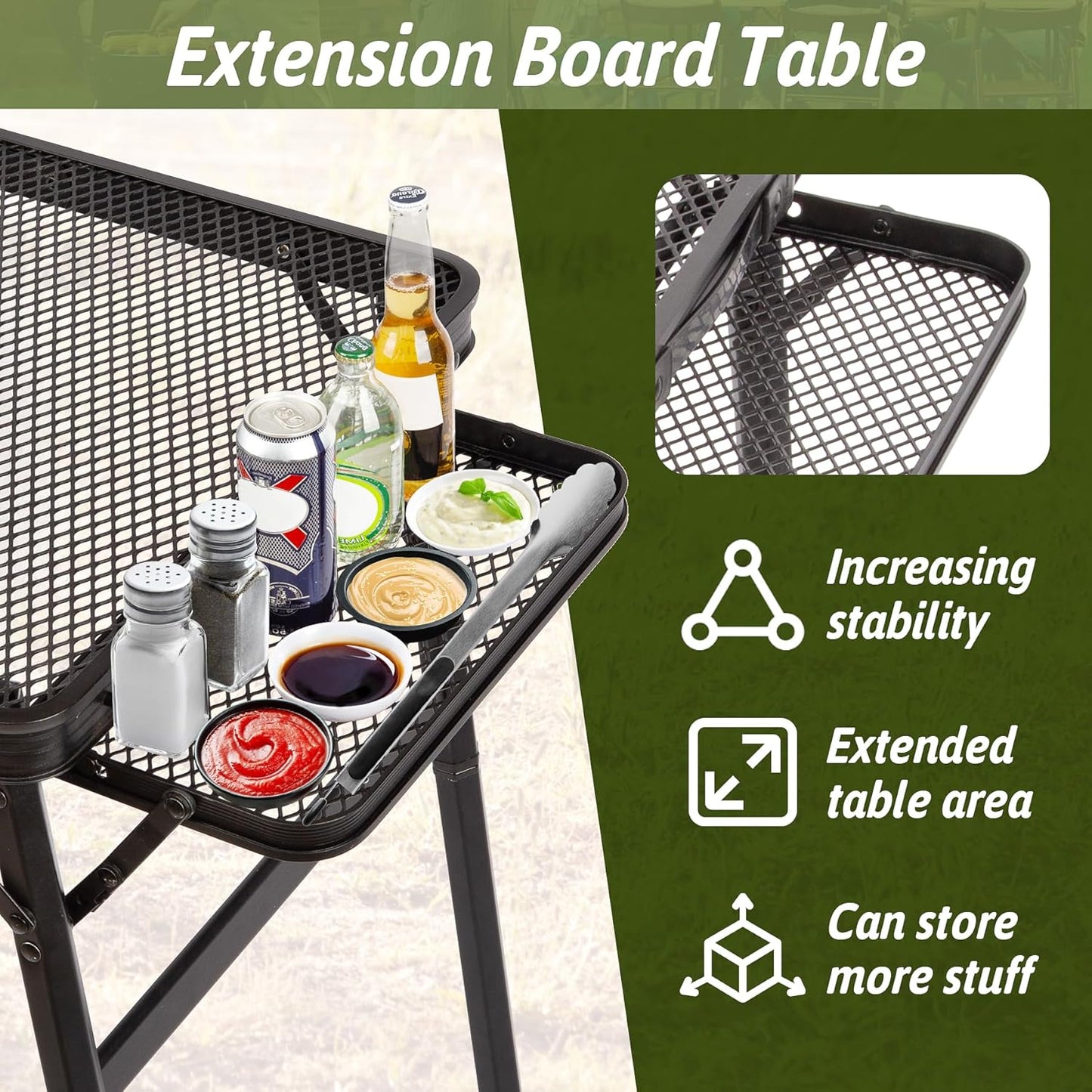 2.5 FT Picnic Table with 2 Wing Panels, Mesh Metal Folding Grill Table Height Adjustable & Lightweight & Portable Table for Outdoor Indoor Camping, Picnic, Beach and BBQ, RV