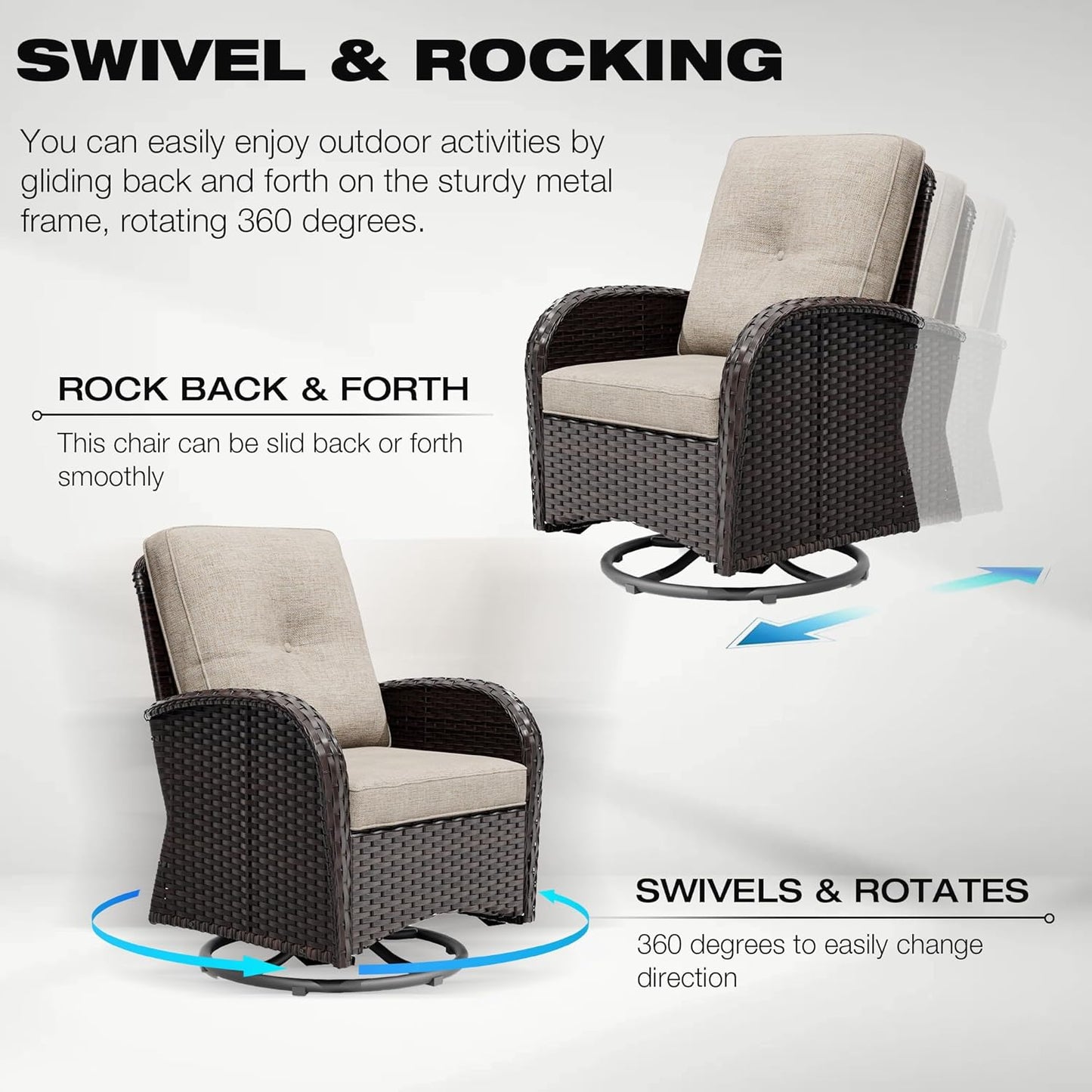 Joyside 6 Piece Patio Furniture Set, Outdoor Wicker Conversation Sets with Swivel Rocker Chairs and Sofa, Thick Cushion, Rattan Patio Sectional for Porch, Deck Use (Brown/Beige, 6 PCS)