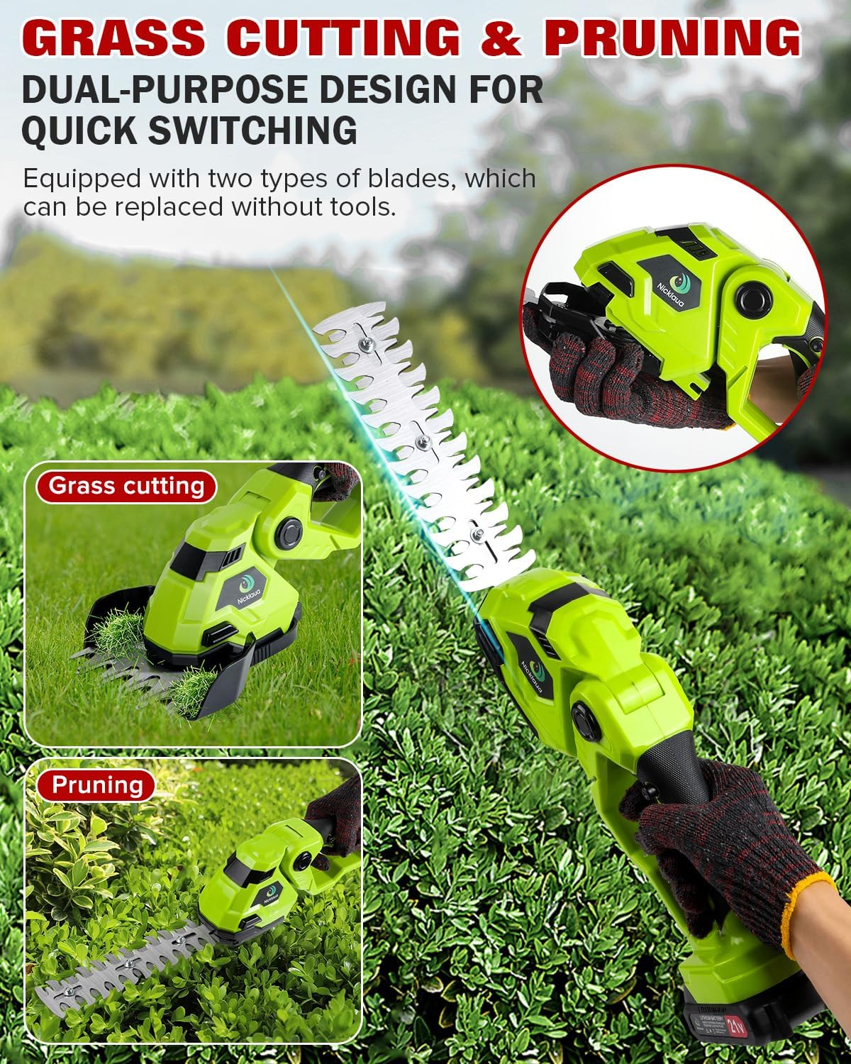 Cordless Hedge Trimmer，2-in-1 Hedge Trimmer，Cordless Grass Shear & Shrubbery Trimmer with Dual-Action Blade Cutting Capacity,Hedge Shear with 2 PCS Rechargeable Battery and Charger for Garden,Lawn